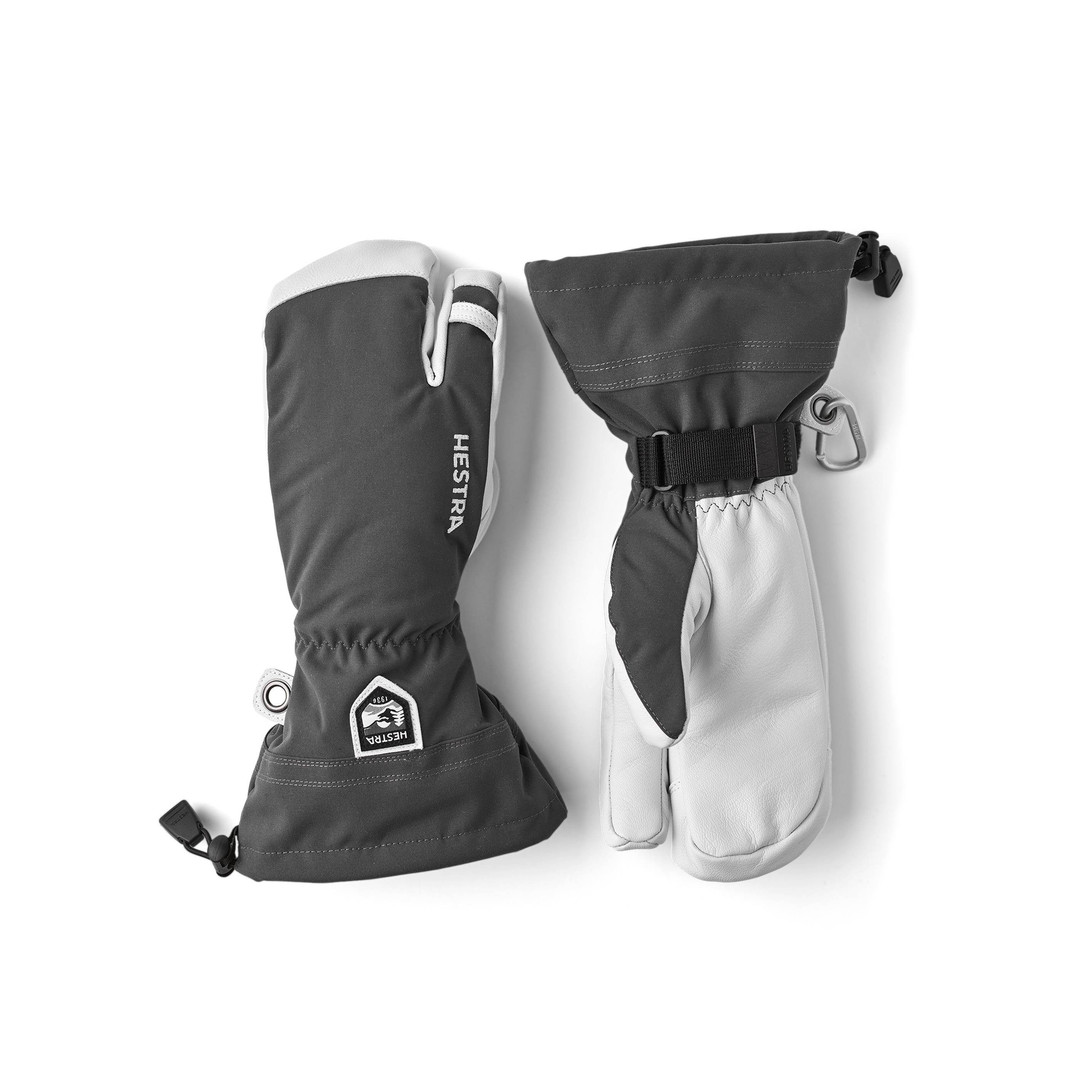 Grauer Dreifingerhandschuh mit weißem Ziegenleder an der Innenhand