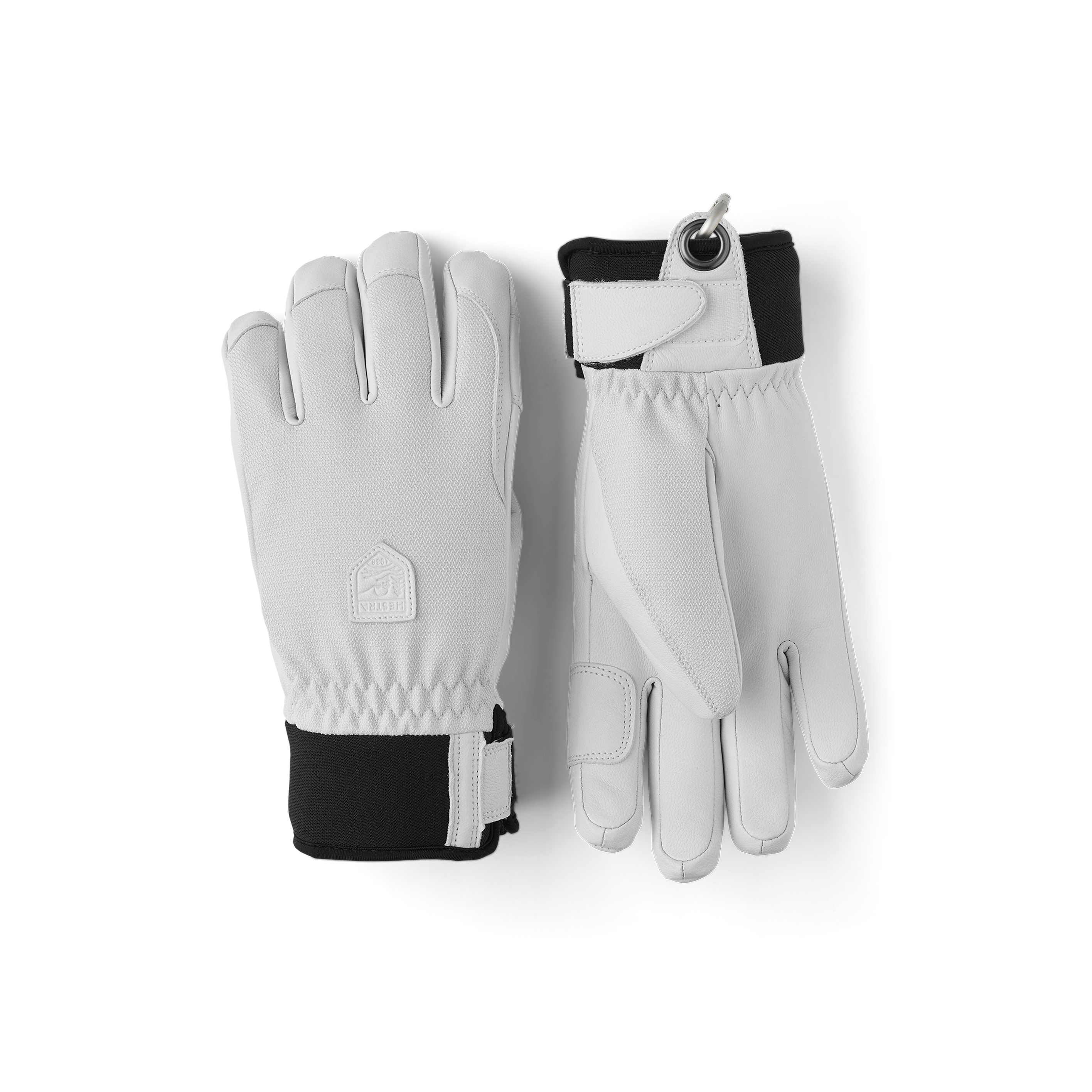 Weißer Skihandschuh aus Ziegenleder mit Oberhand aus Stoff