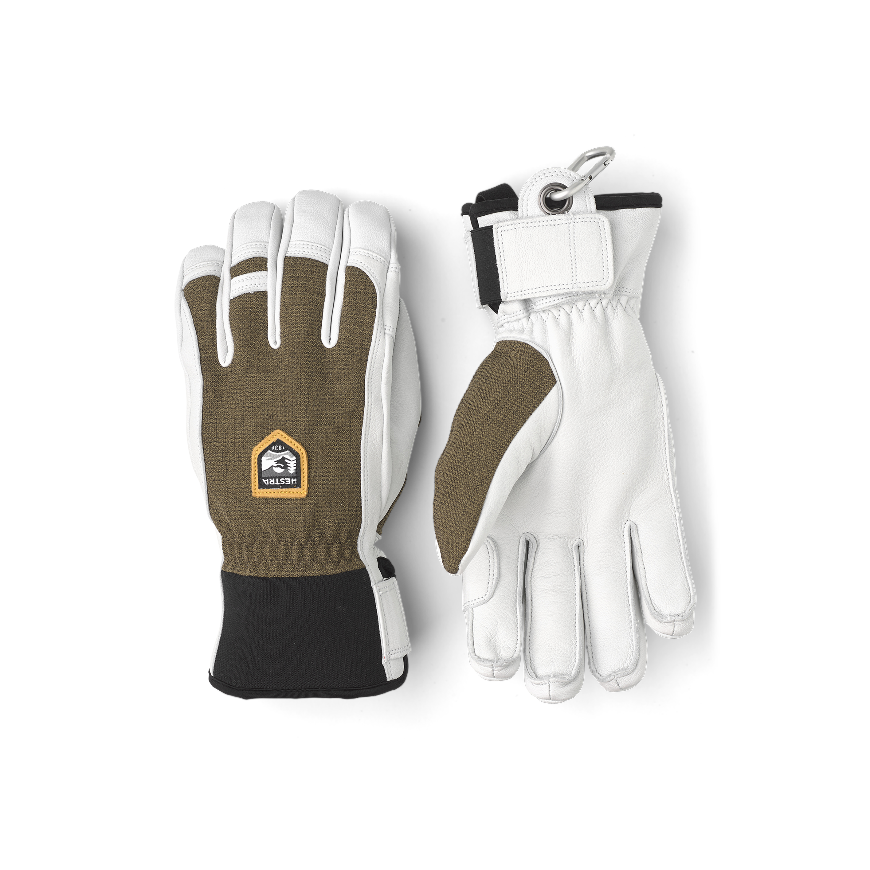 Moosgrüner Skihandschuh mit weißem Ziegenleder an der Innenhand