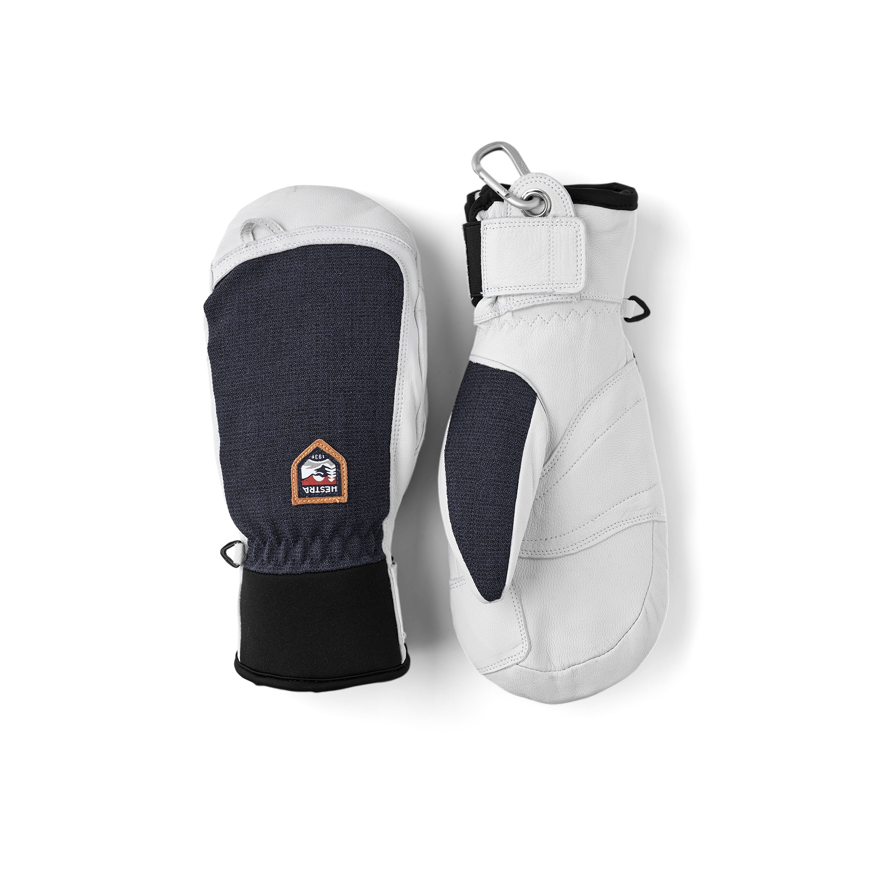 Dunkelblauer Fausthandschuh mit weißem Ziegenleder an der Innenhand