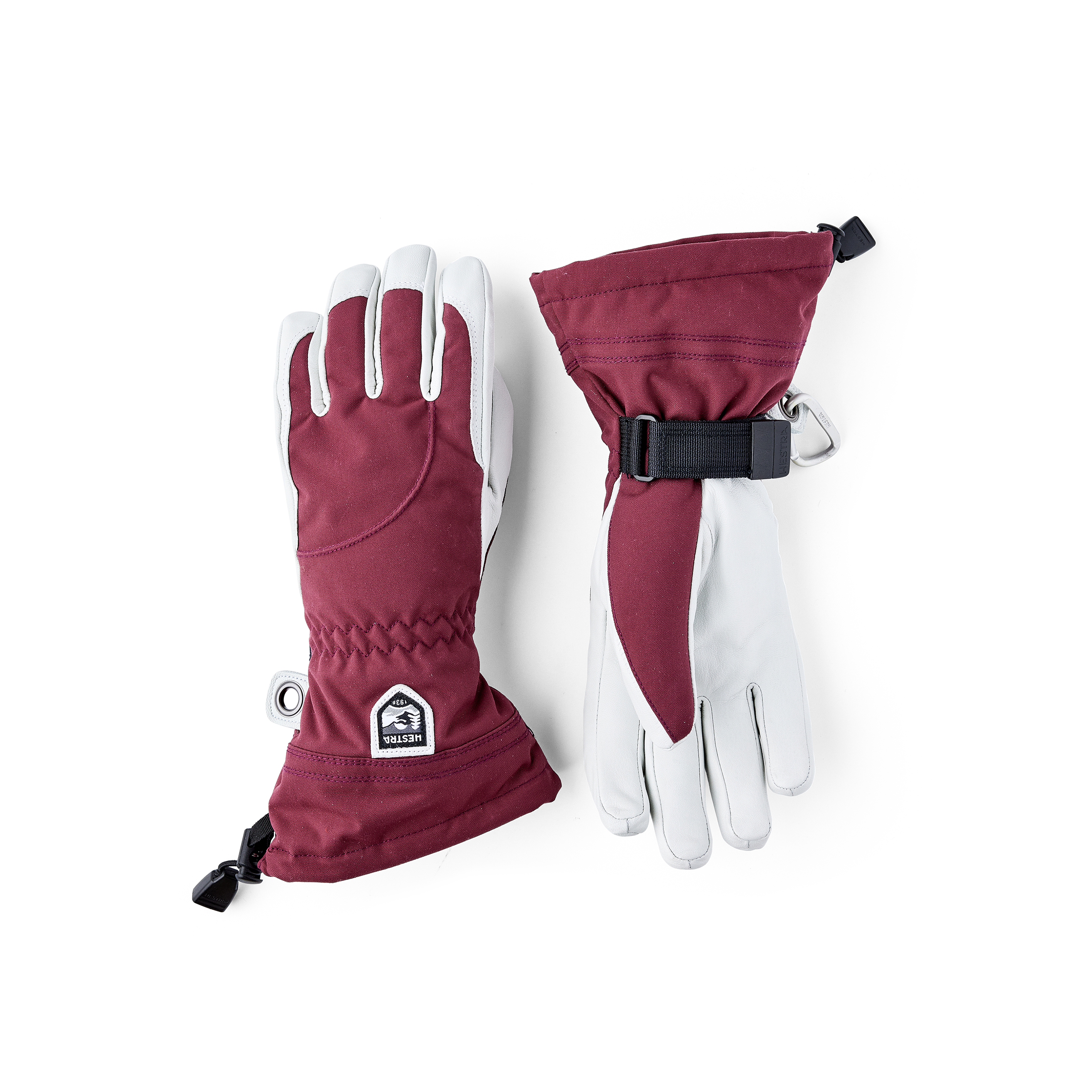 Bordeauxroter Skihandschuh mit weißem Ziegenleder an der Innenhand