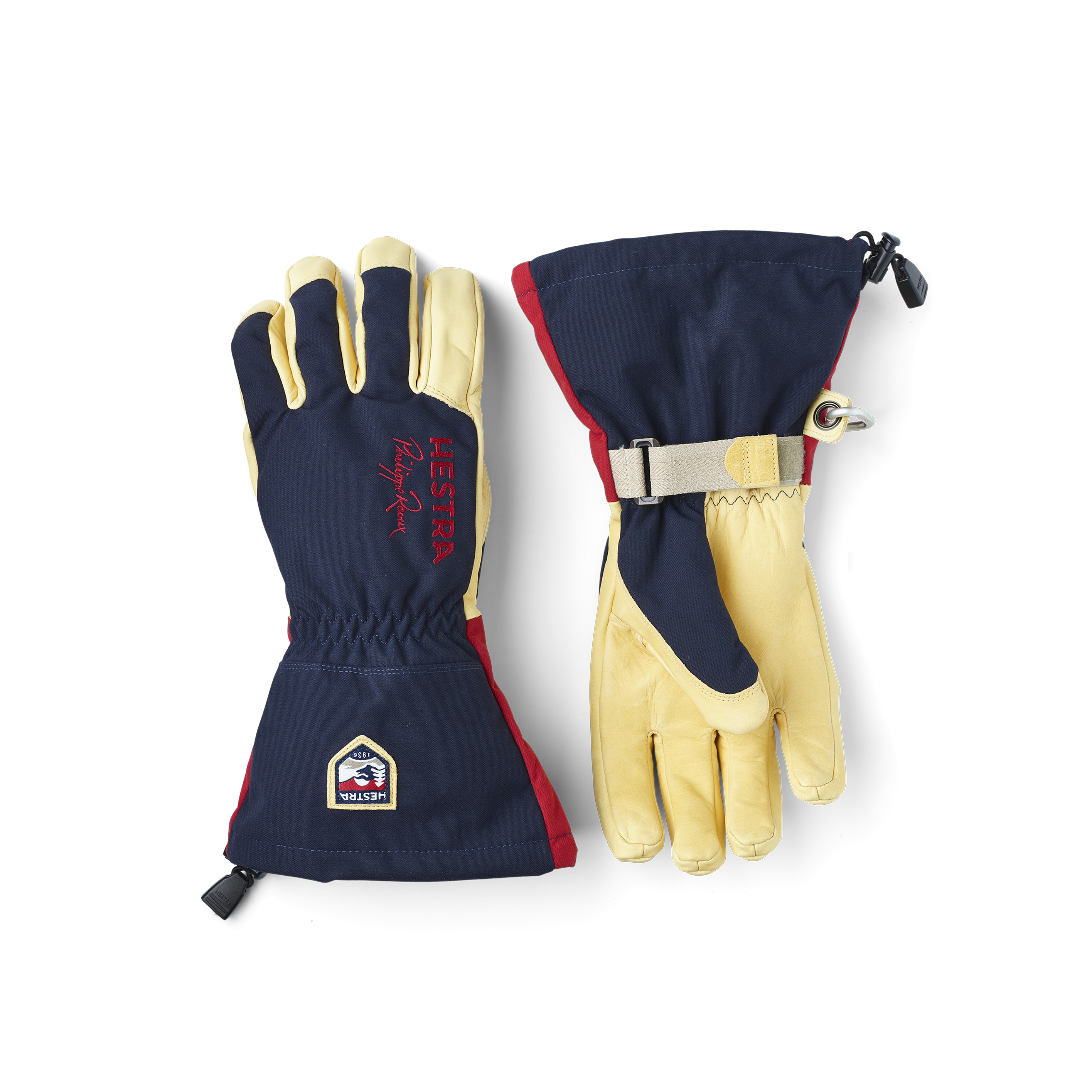 Blauer Skihandschuh mit gelbem Rindsleder an der Innenhand