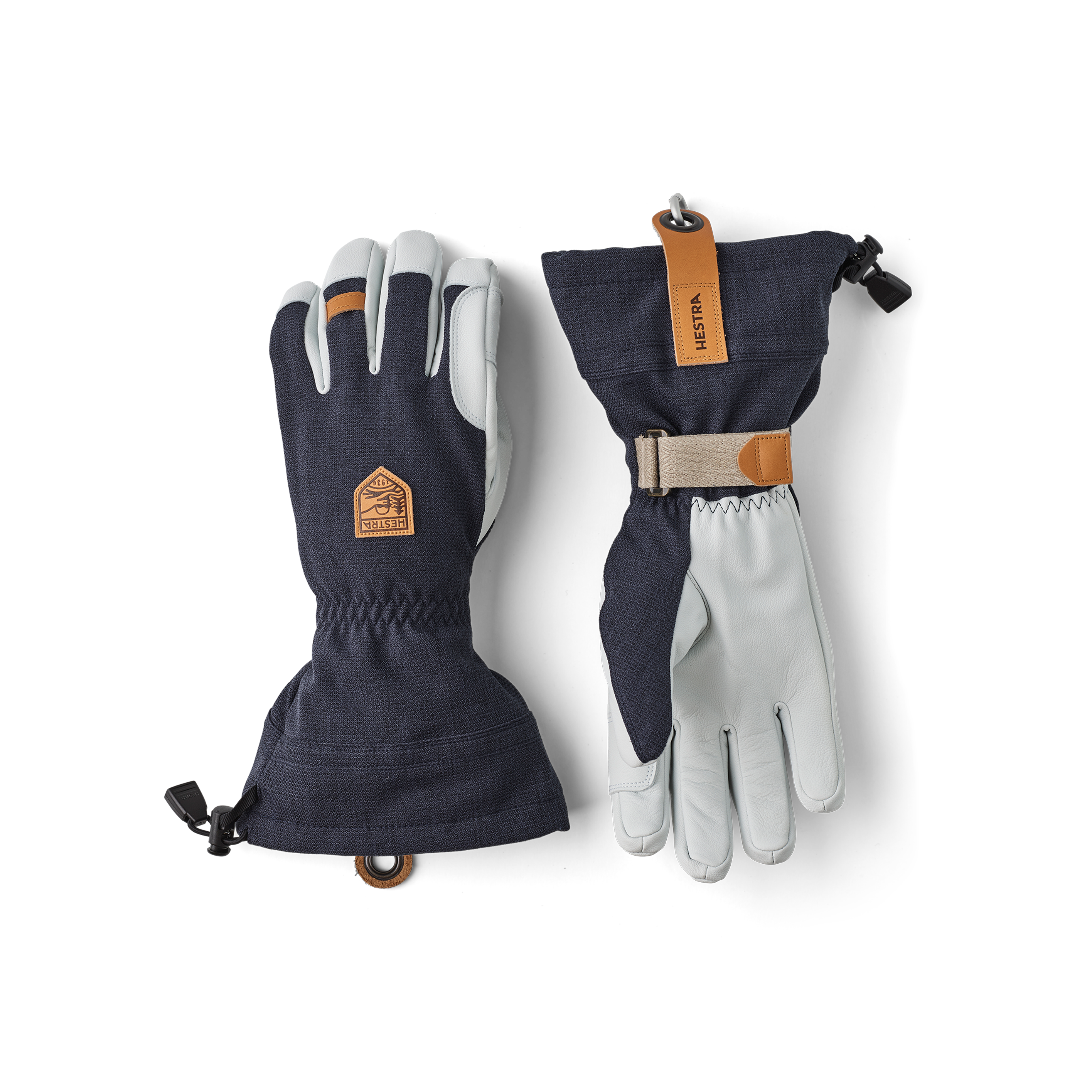 Dunkelblauer Skihandschuh mit weißem Ziegenleder an der Innenhand