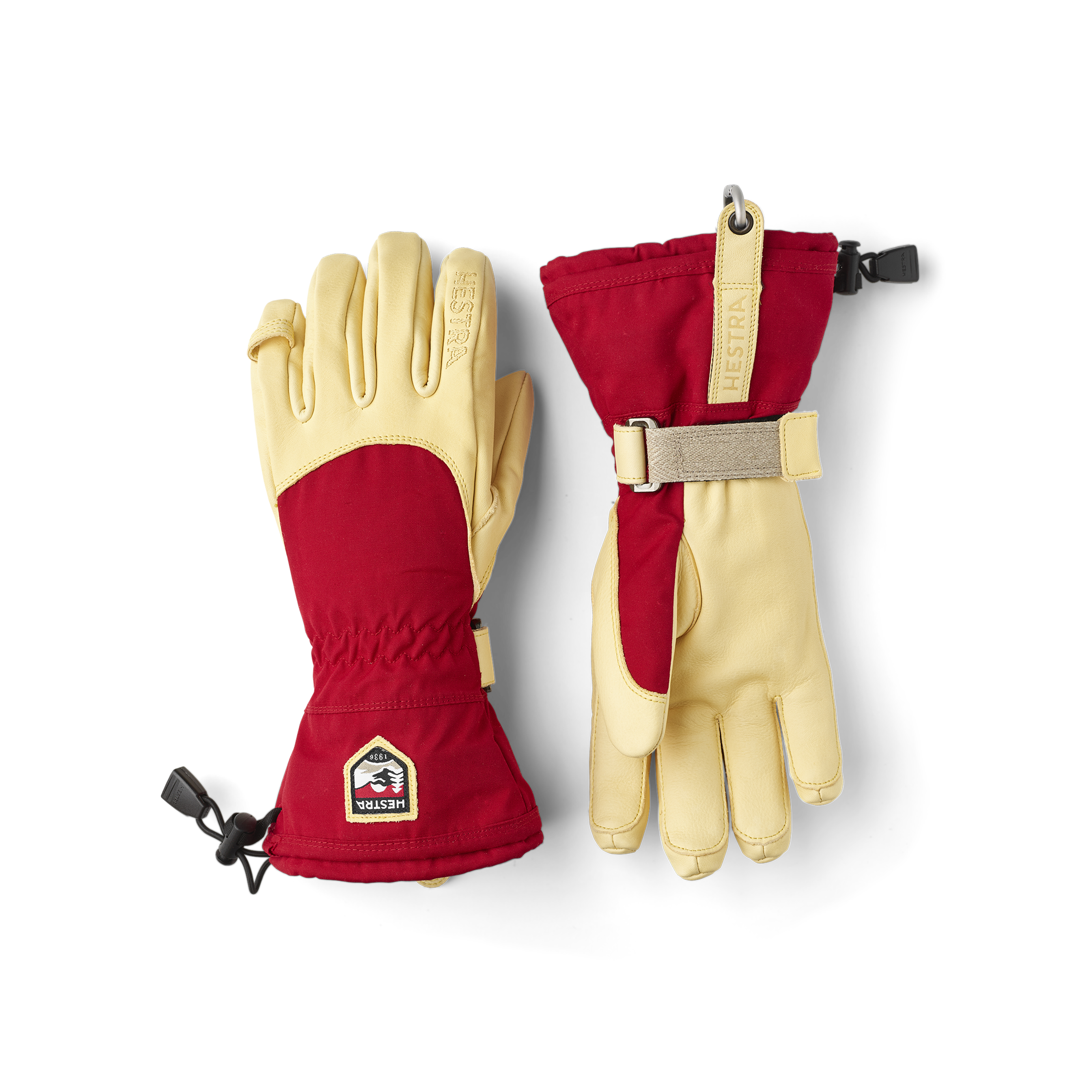 Roter Skihandschuh mit gelbem Rindsleder an der Innenhand