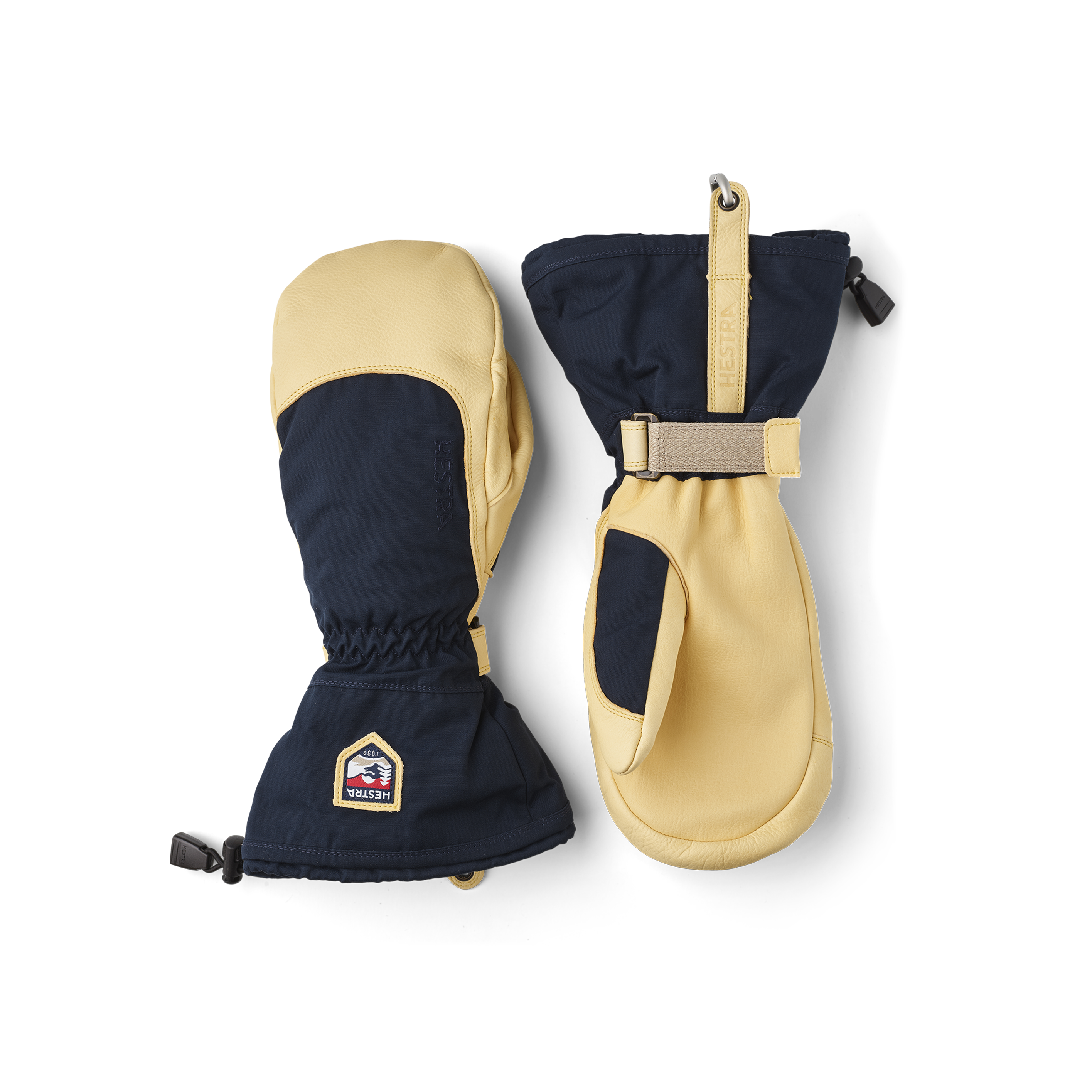 Blauer Fausthandschuh mit gelbem Rindsleder an der Innenhand