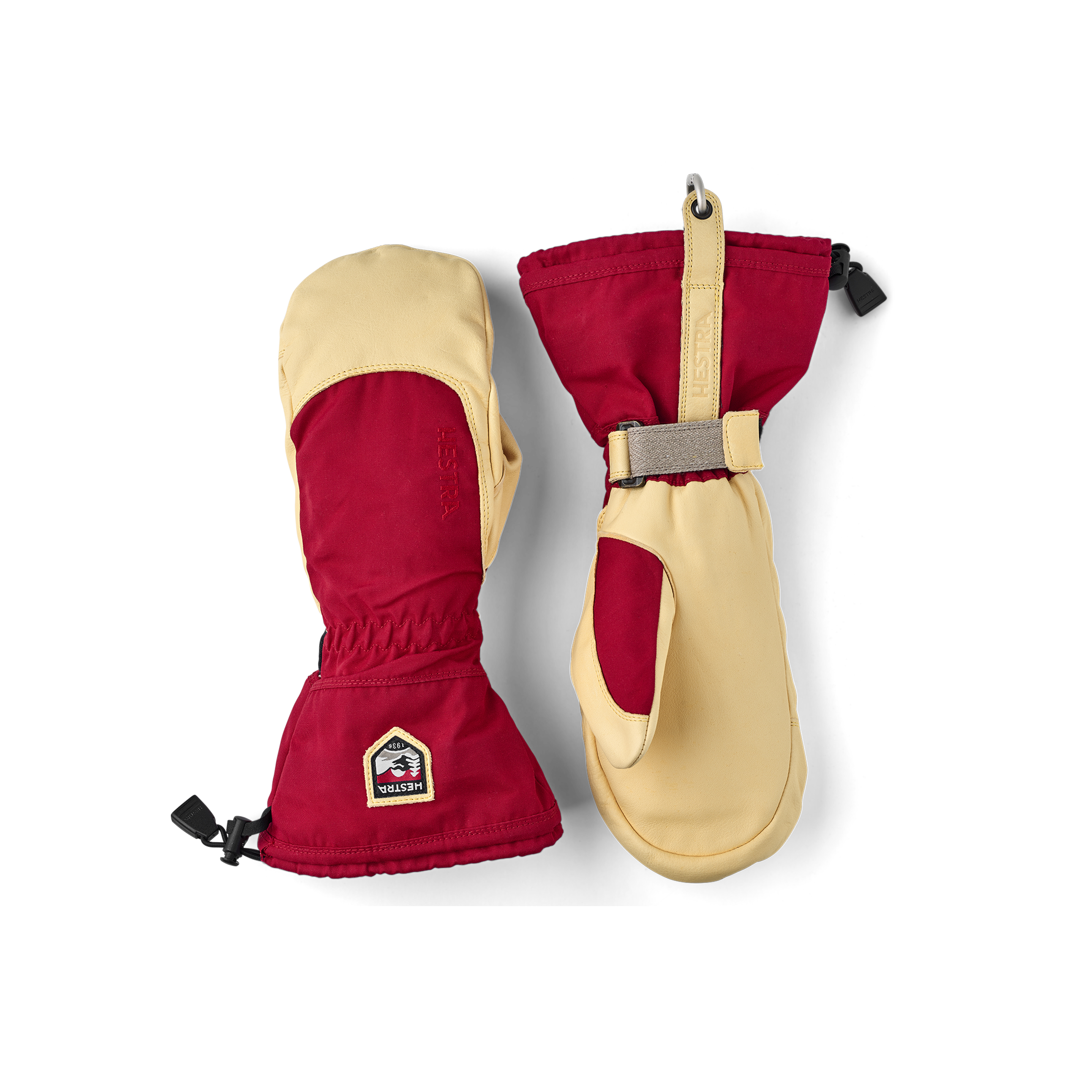 Roter Fausthandschuh mit gelbem Rindsleder an der Innenhand