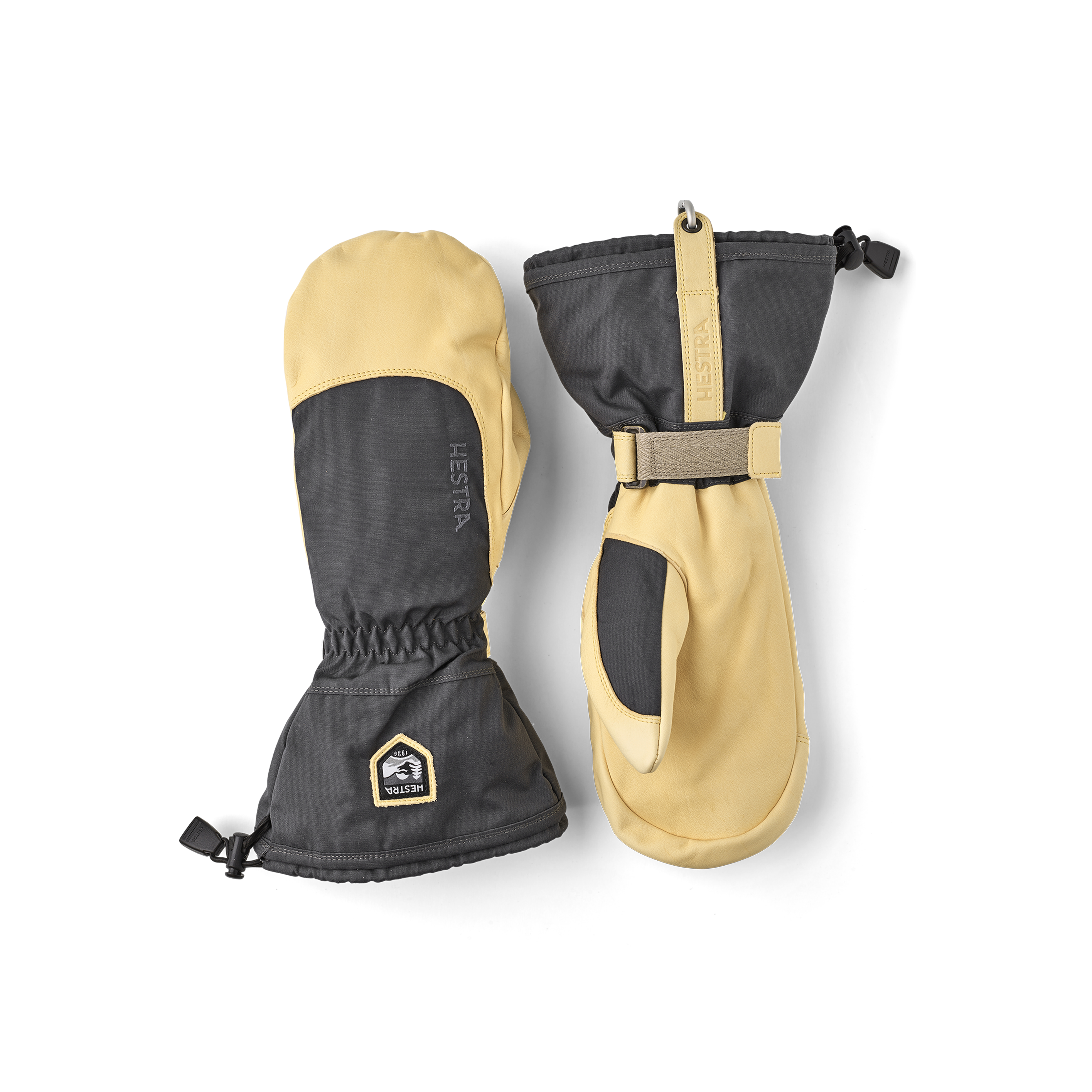 Grauer Fausthandschuh mit gelbem Rindsleder an der Innenhand
