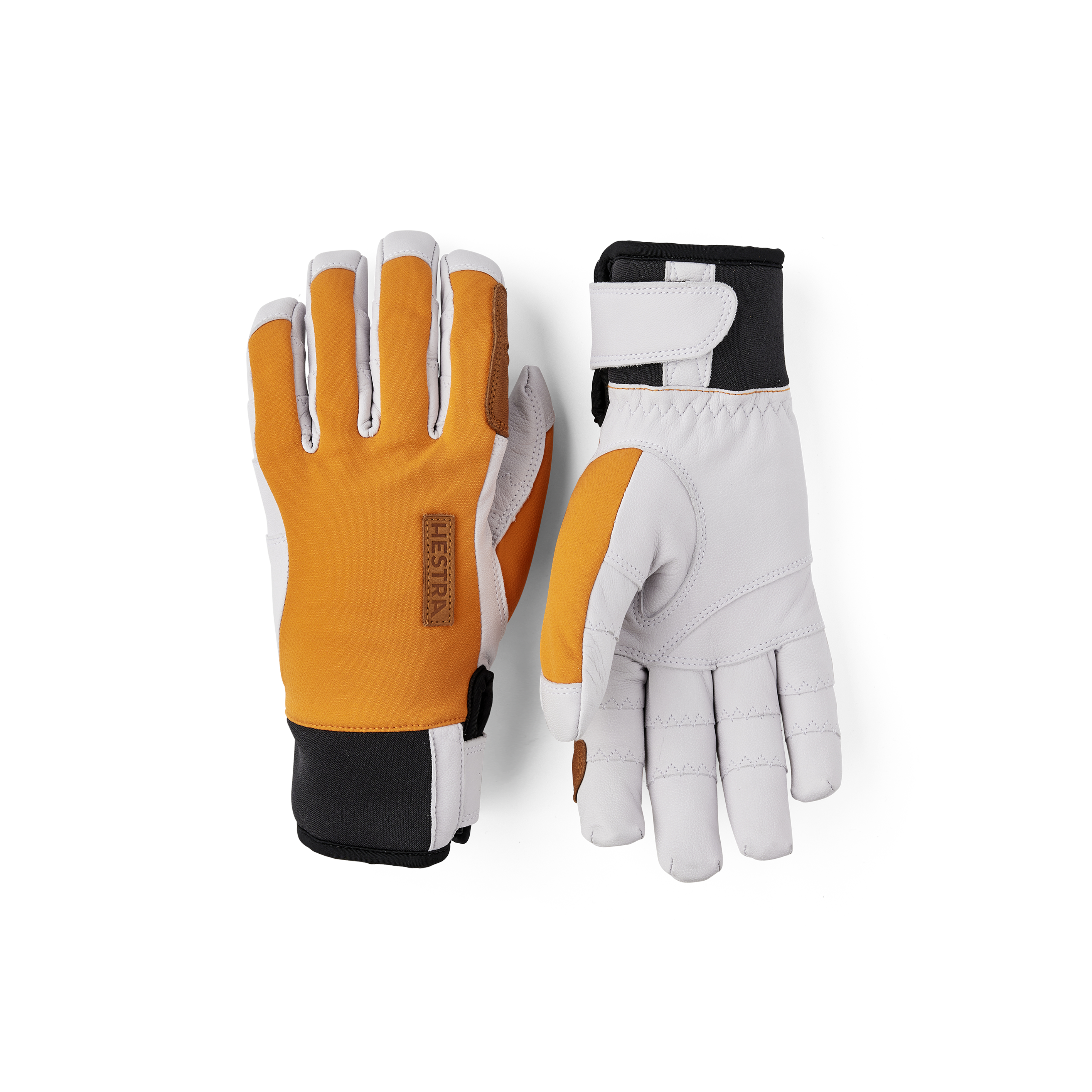 Oranger Handschuh mit weißem Ziegenleder an der Innenhand