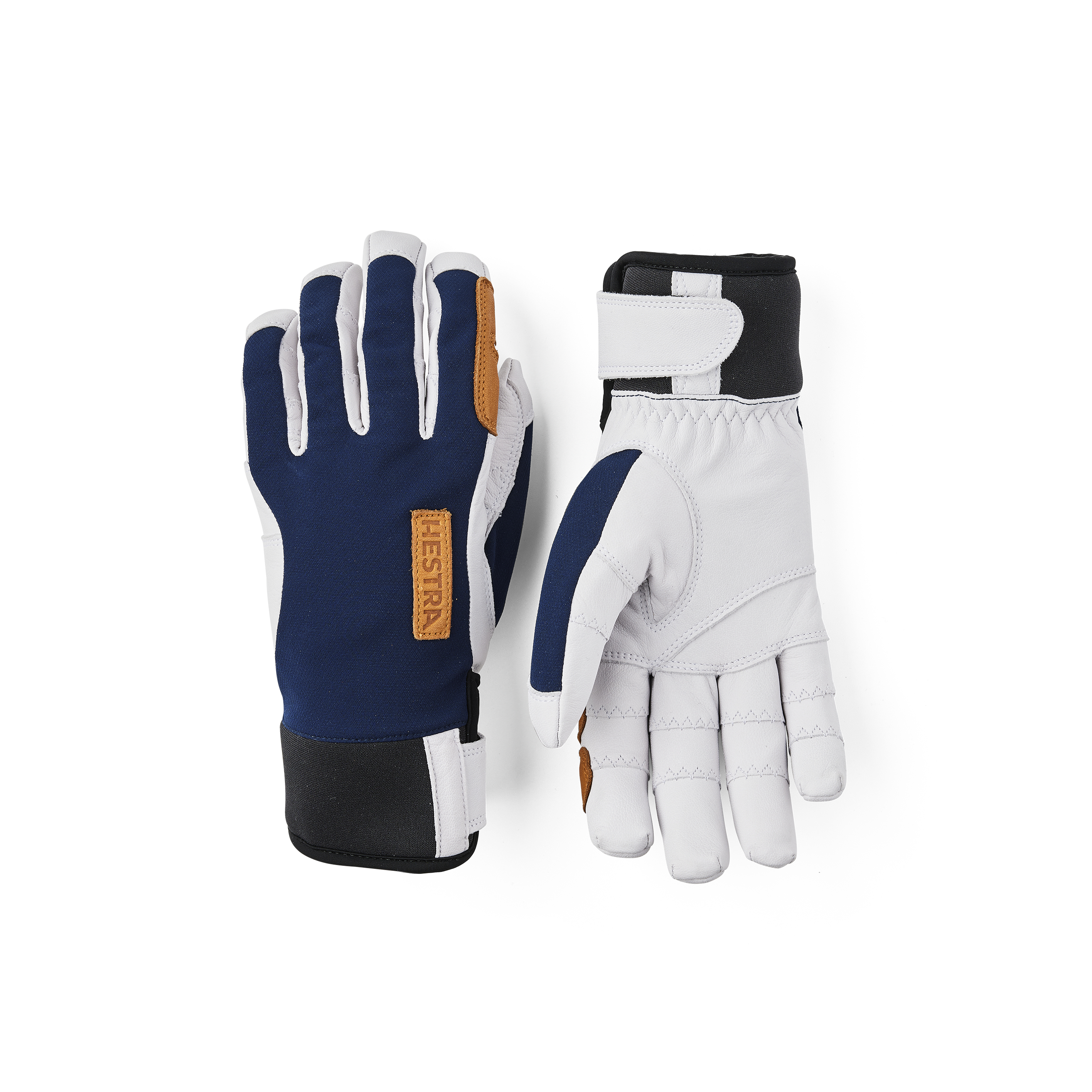 Dunkelblauer Handschuh mit weißem Ziegenleder an der Innenhand