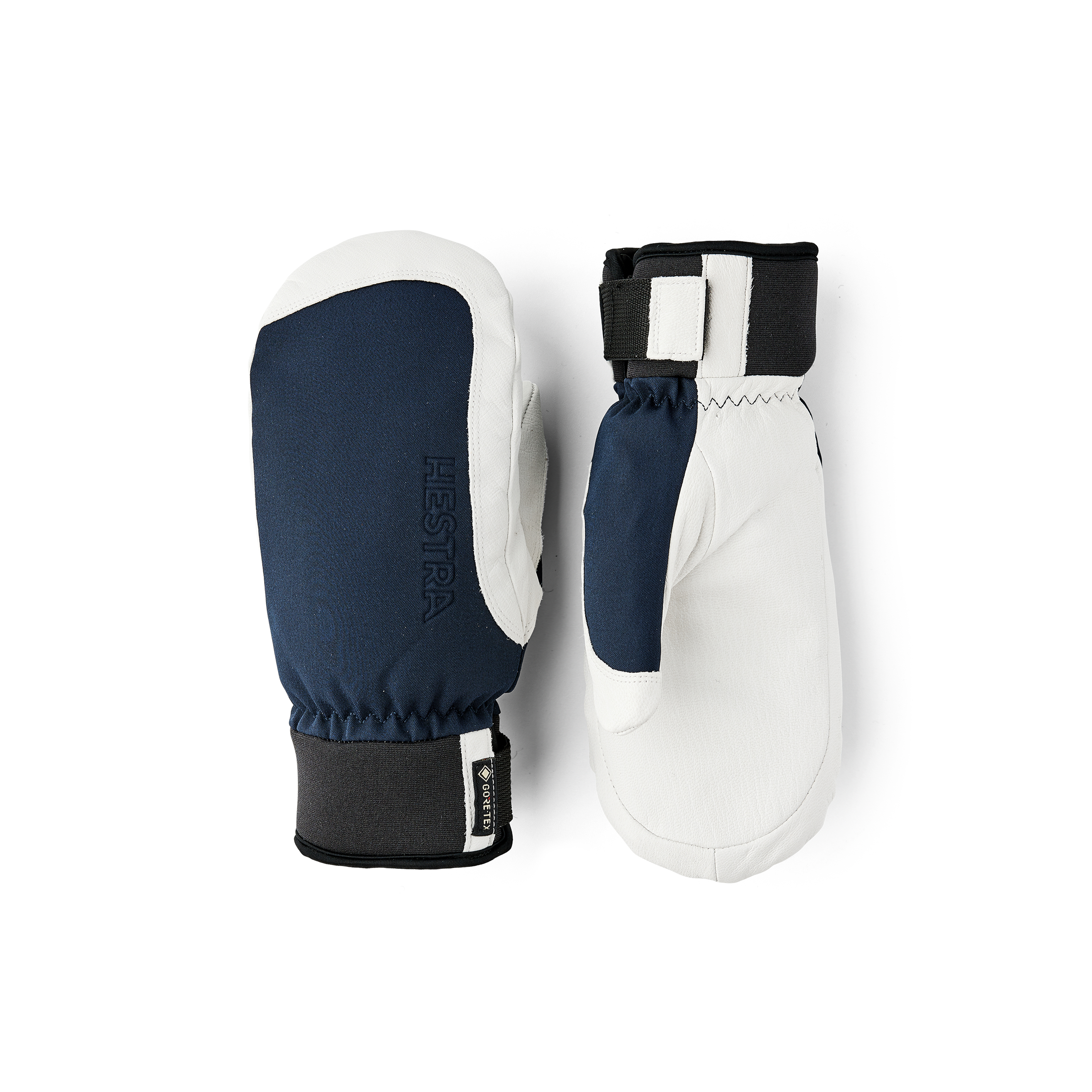 Dunkelblauer Fausthandschuh mit weißem Ziegenleder an der Innenhand