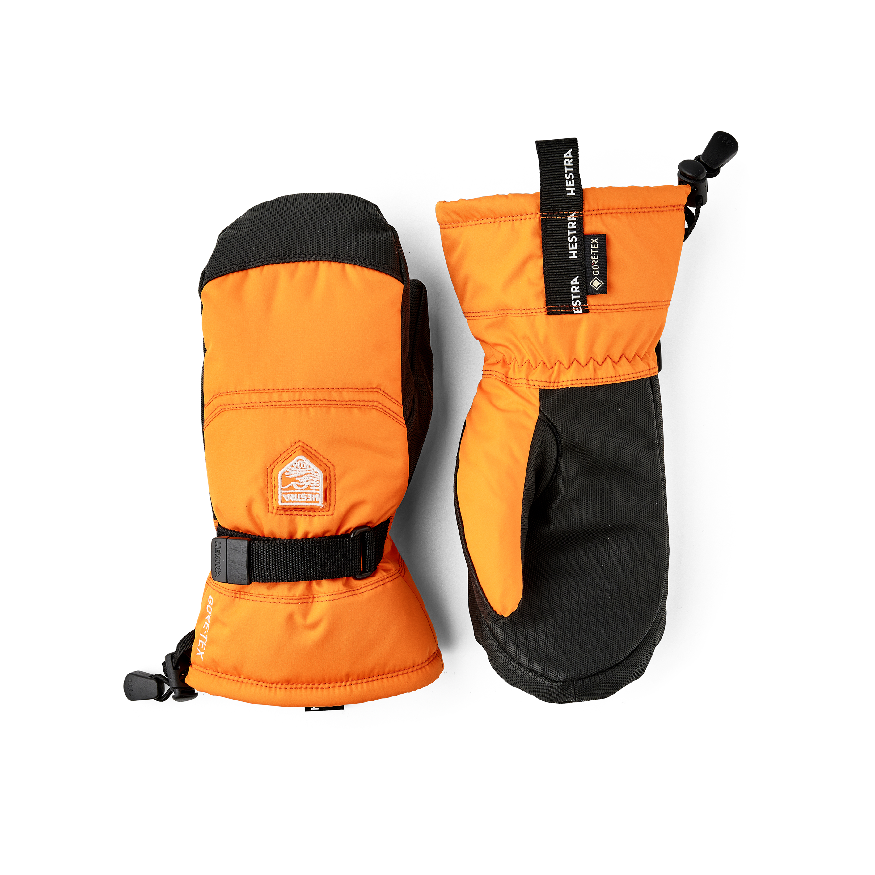 Oranger Fausthandschuh aus Stoff mit schwarzer Innenhand aus Synthetikmaterial und verstellbarem Handgelenkverschluss