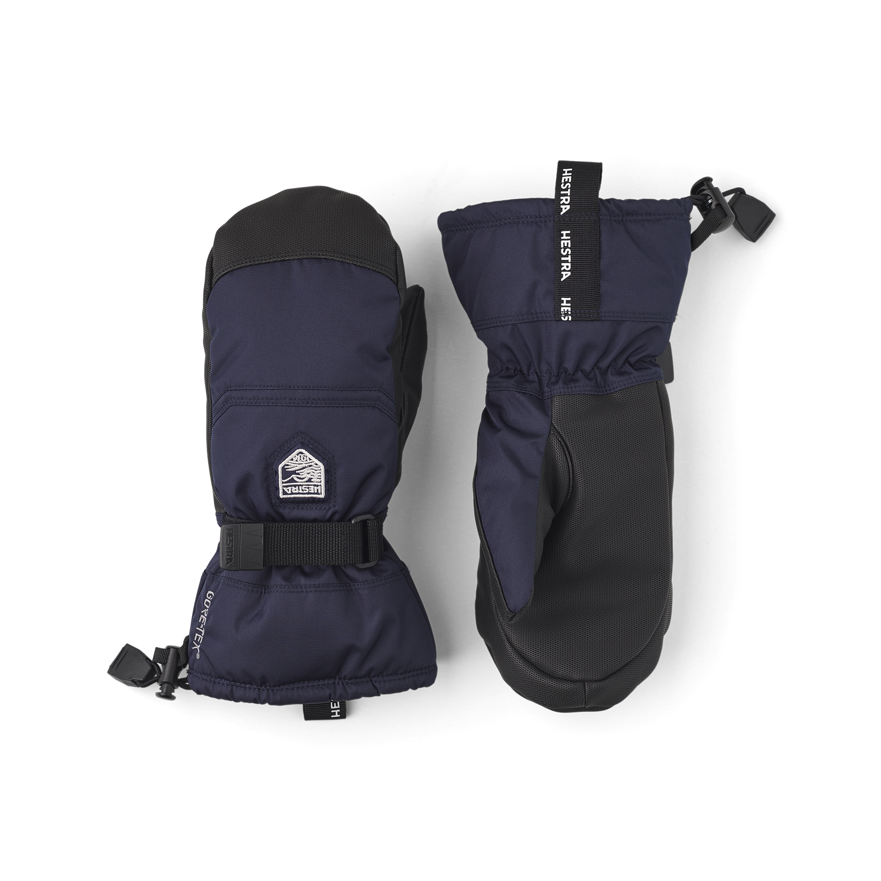 Dunkelblauer Fausthandschuh aus Stoff mit schwarzer Innenhand aus Synthetikmaterial und verstellbarem Handgelenkverschluss