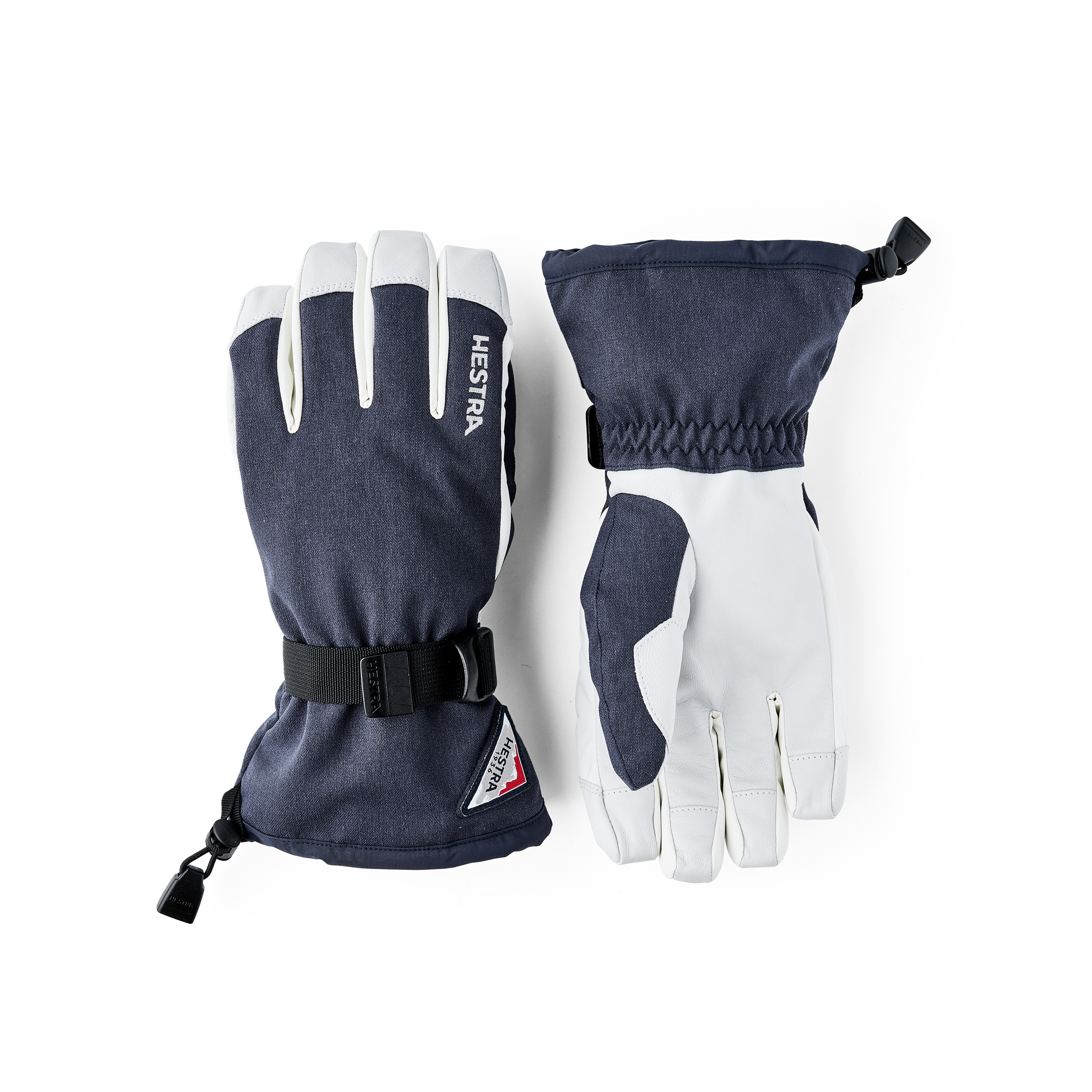 Dark blue ski glove with white goat leather palm and wrist adjustment