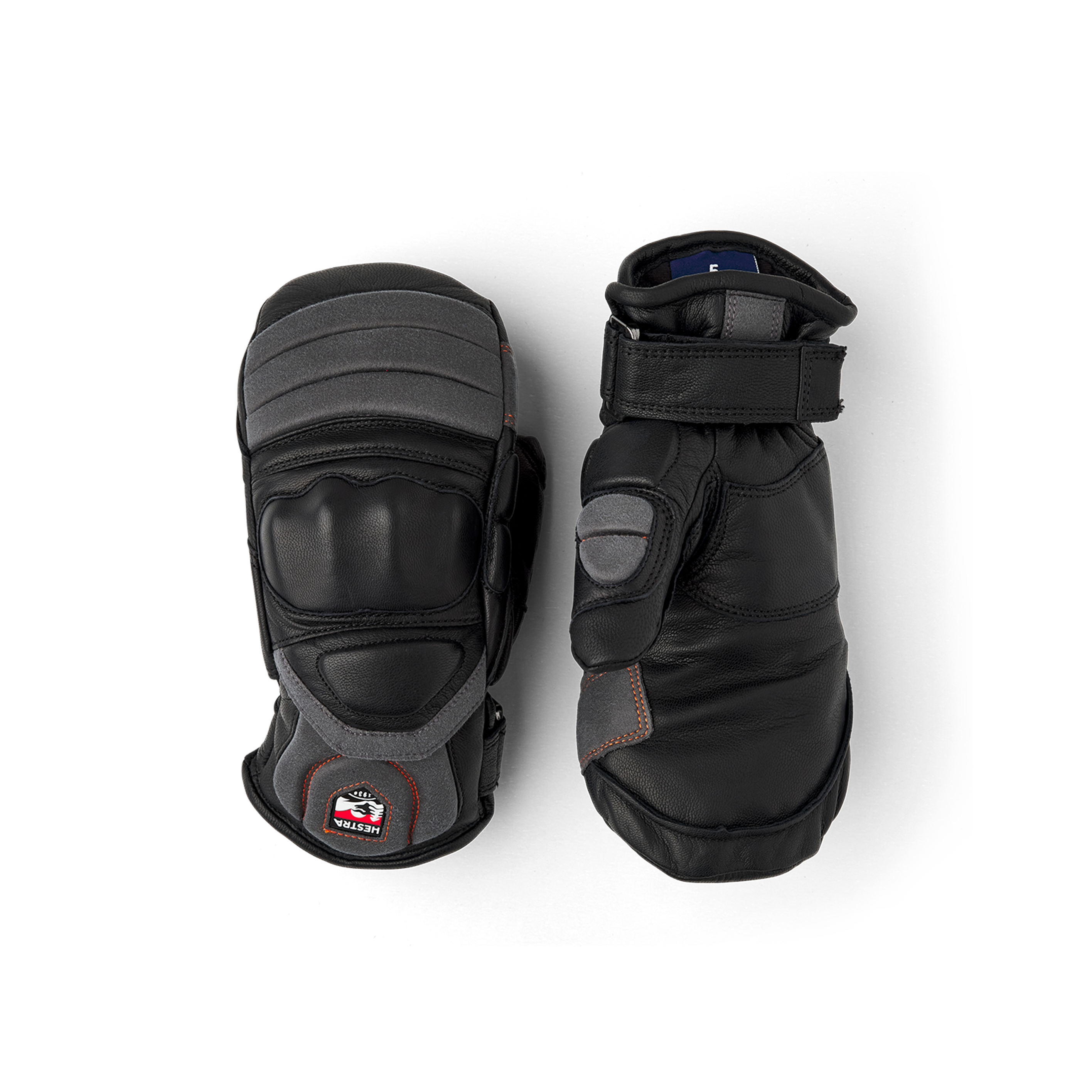 Schwarzer Fausthandschuh mit grauen und roten Details aus Ziegenleder mit synthetischem Wildleder an der Innenhand