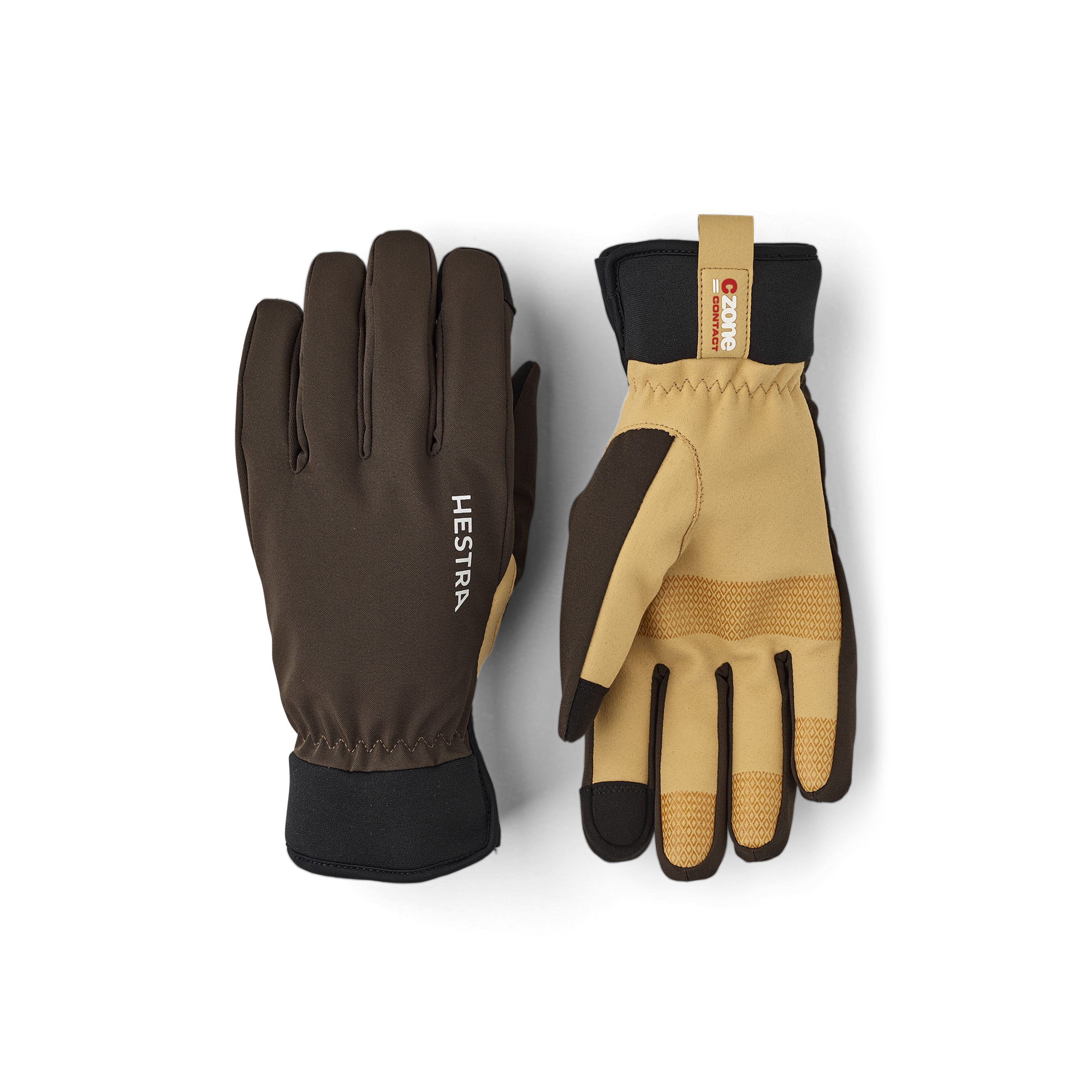 Dunkelgrüner Outdoorhandschuh aus Stoff mit hellbrauner Innenhand aus synthetischem Wildleder