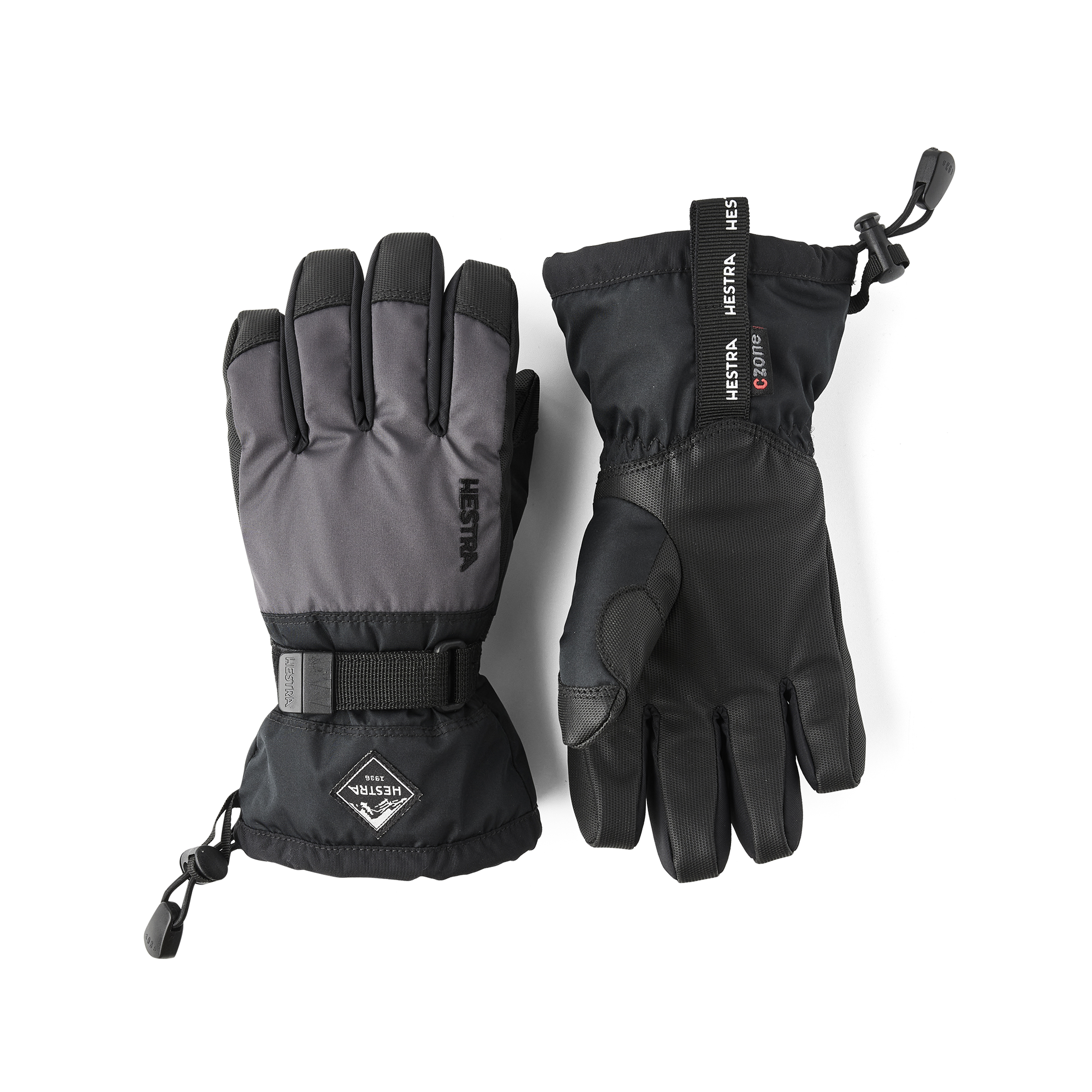 Orange und rosa Kinderhandschuh mit schwarzem Synthetikmaterial an der Innenhand und verstellbarem Handgelenkverschluss