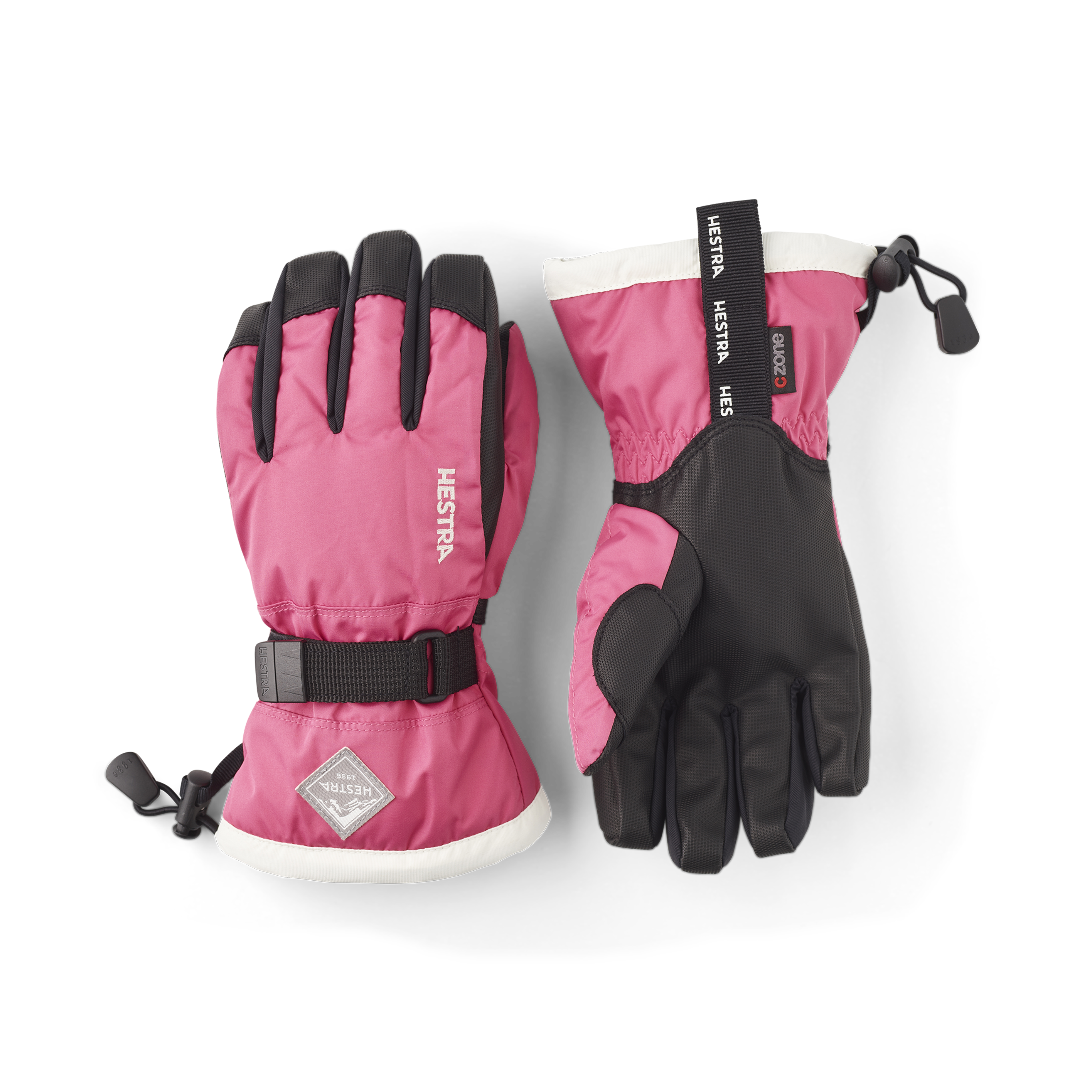 Orange und rosa Kinderhandschuh mit schwarzem Synthetikmaterial an der Innenhand und verstellbarem Handgelenkverschluss