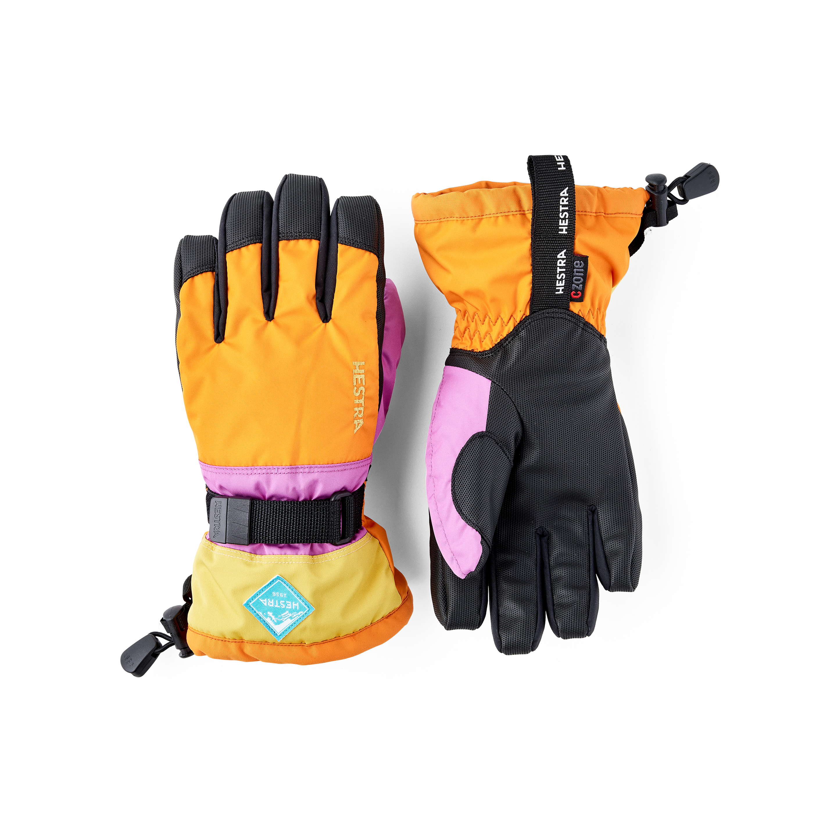 Orange und rosa Kinderhandschuh mit schwarzem Synthetikmaterial an der Innenhand und verstellbarem Handgelenkverschluss