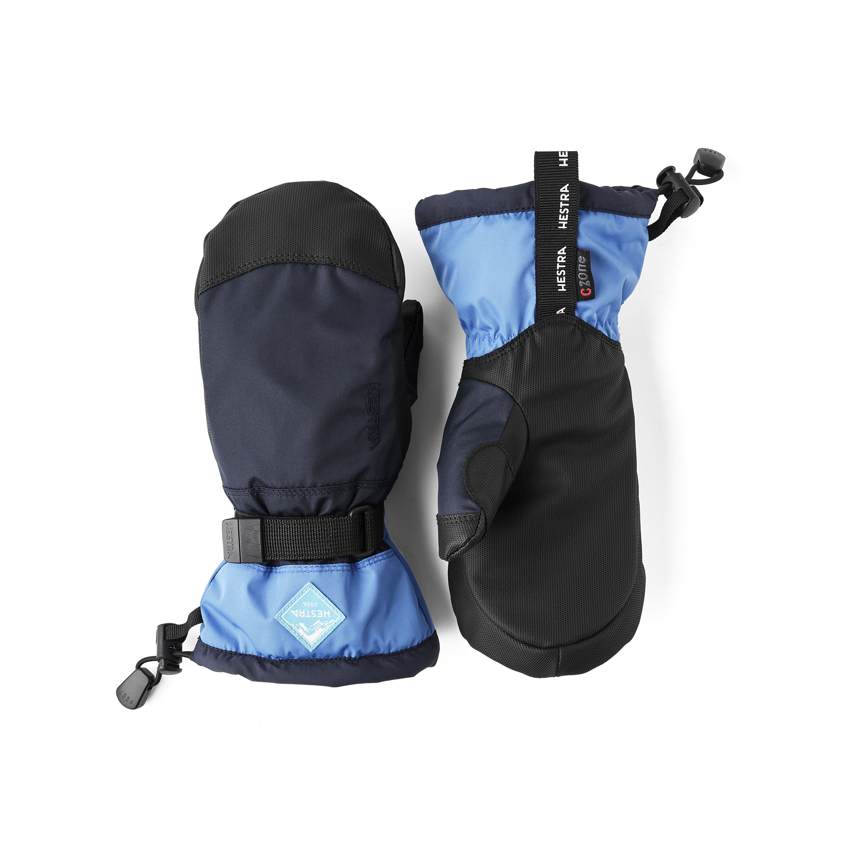 Blauer Fausthandschuh mit schwarzem Synthetikmaterial an der Innenhand und verstellbarem Handgelenkverschluss