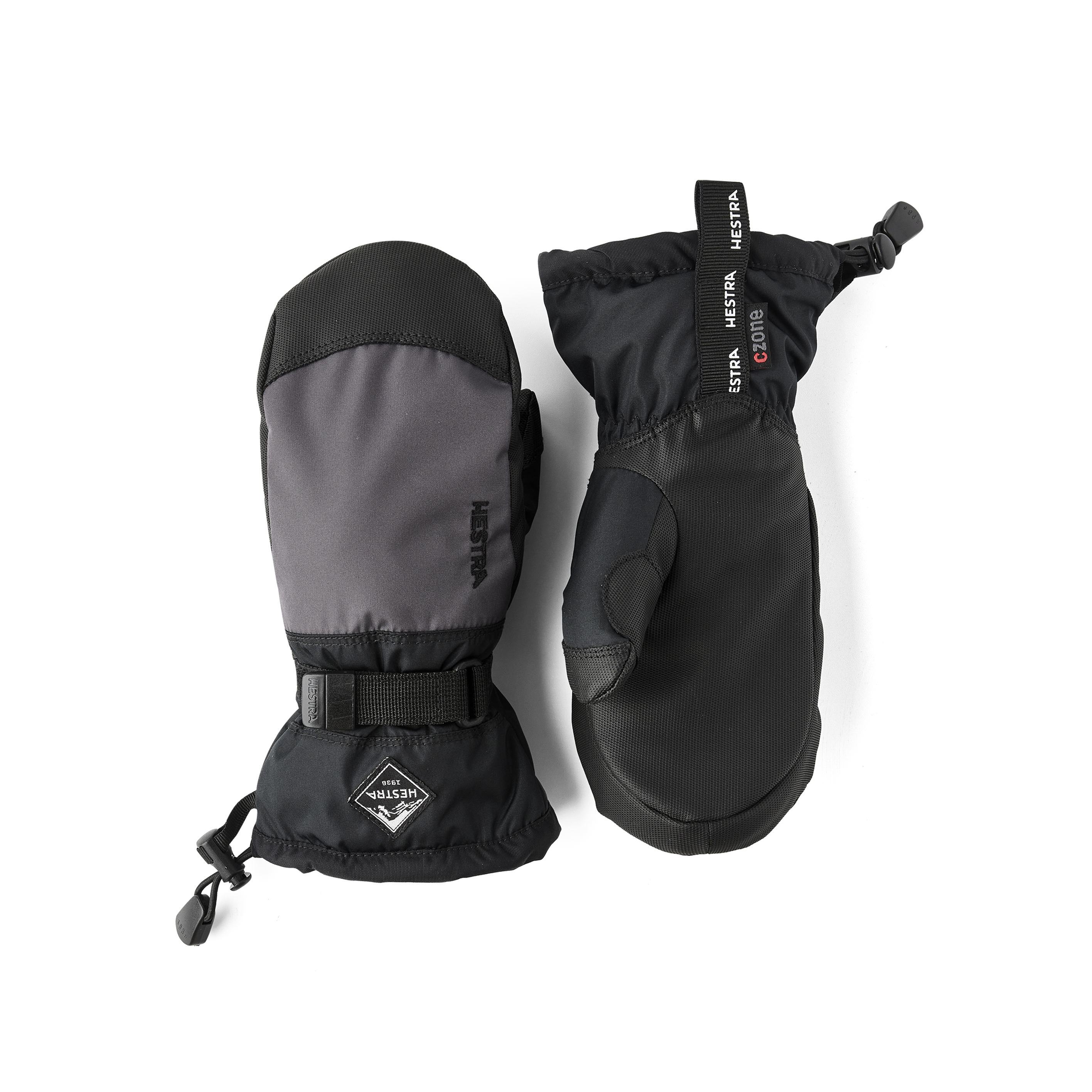 Orange-rosa Fausthandschuh mit schwarzem Synthetikmaterial an der Innenhand und verstellbarem Handgelenkverschluss