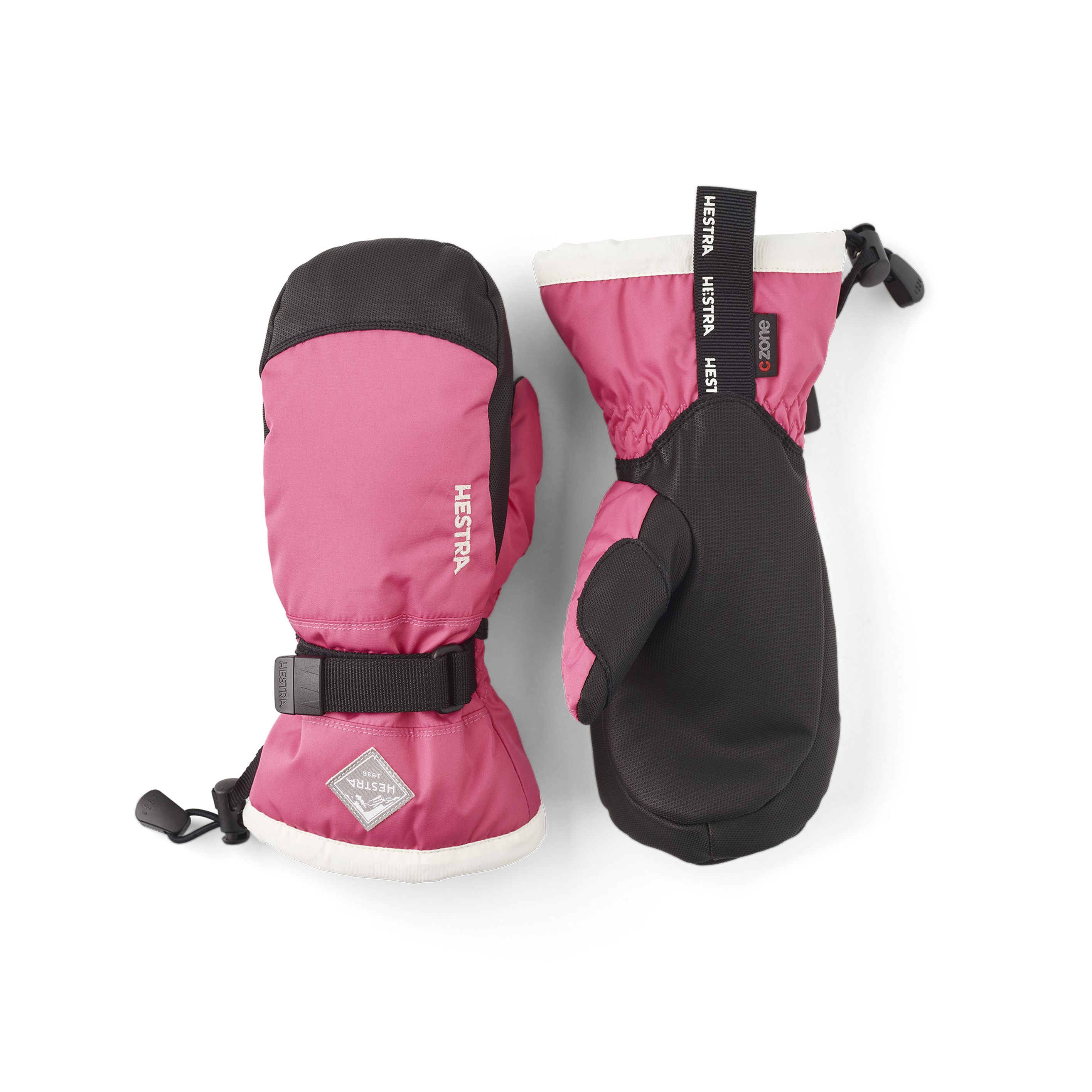 Orange-rosa Fausthandschuh mit schwarzem Synthetikmaterial an der Innenhand und verstellbarem Handgelenkverschluss