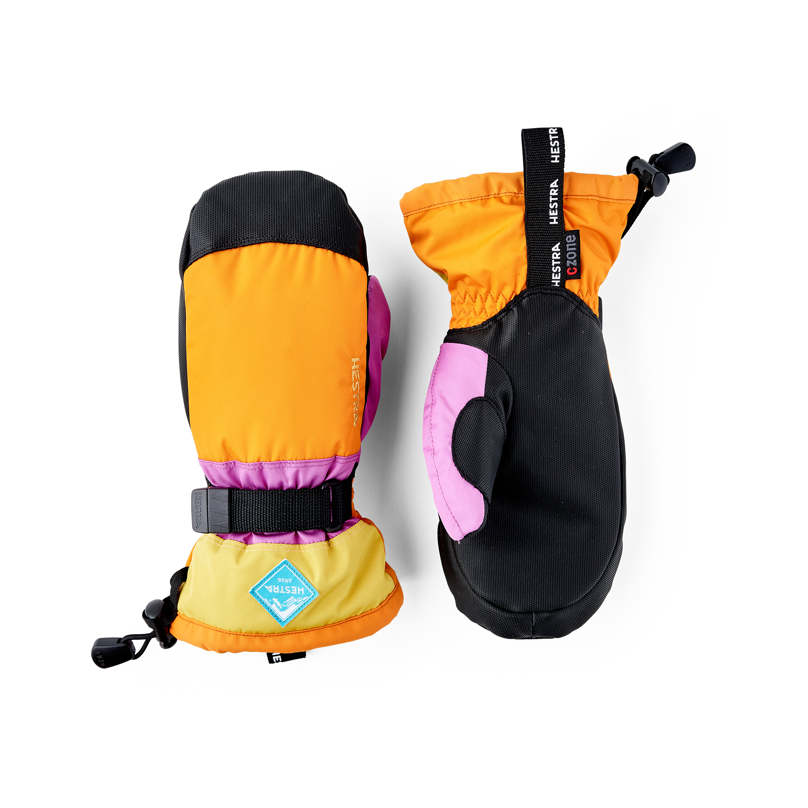 Orange-rosa Fausthandschuh mit schwarzem Synthetikmaterial an der Innenhand und verstellbarem Handgelenkverschluss