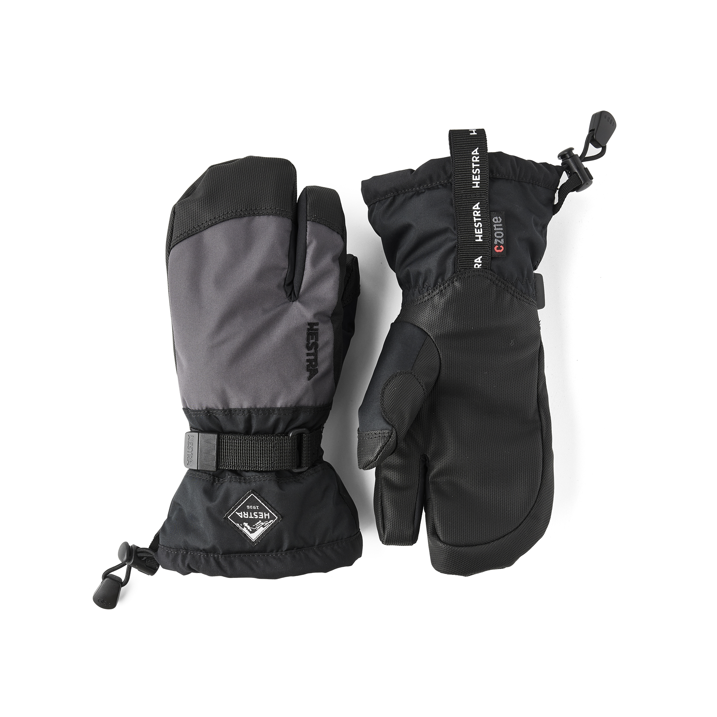 Orange-rosa Dreifingerhandschuh mit schwarzem Synthetikmaterial an der Innenhand und verstellbarem Handgelenkverschluss