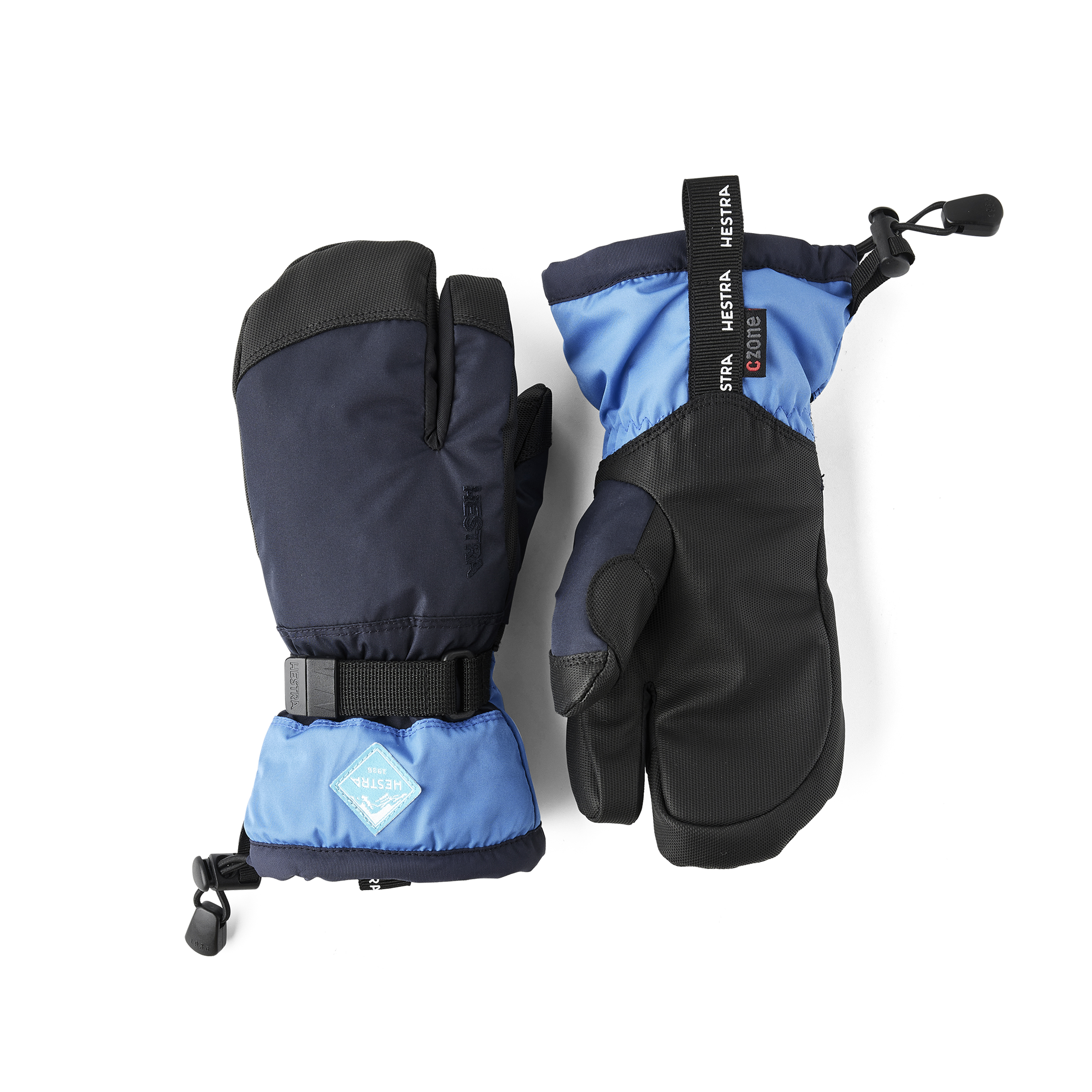 Blauer Dreifingerhandschuh mit schwarzem Synthetikmaterial an der Innenhand und verstellbarem Handgelenkverschluss