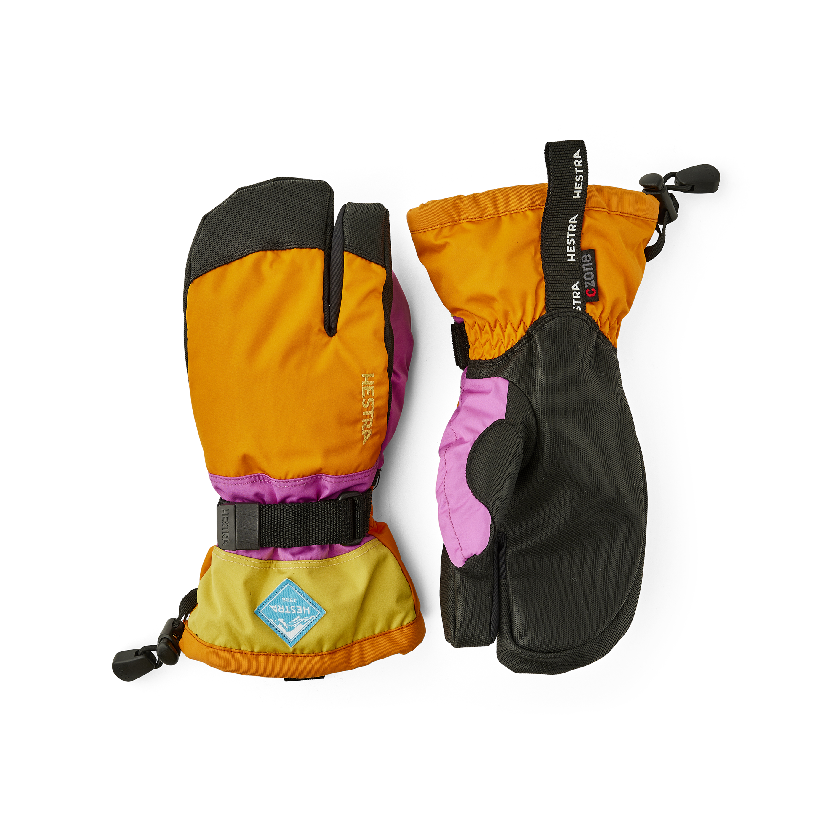 Orange-rosa Dreifingerhandschuh mit schwarzem Synthetikmaterial an der Innenhand und verstellbarem Handgelenkverschluss