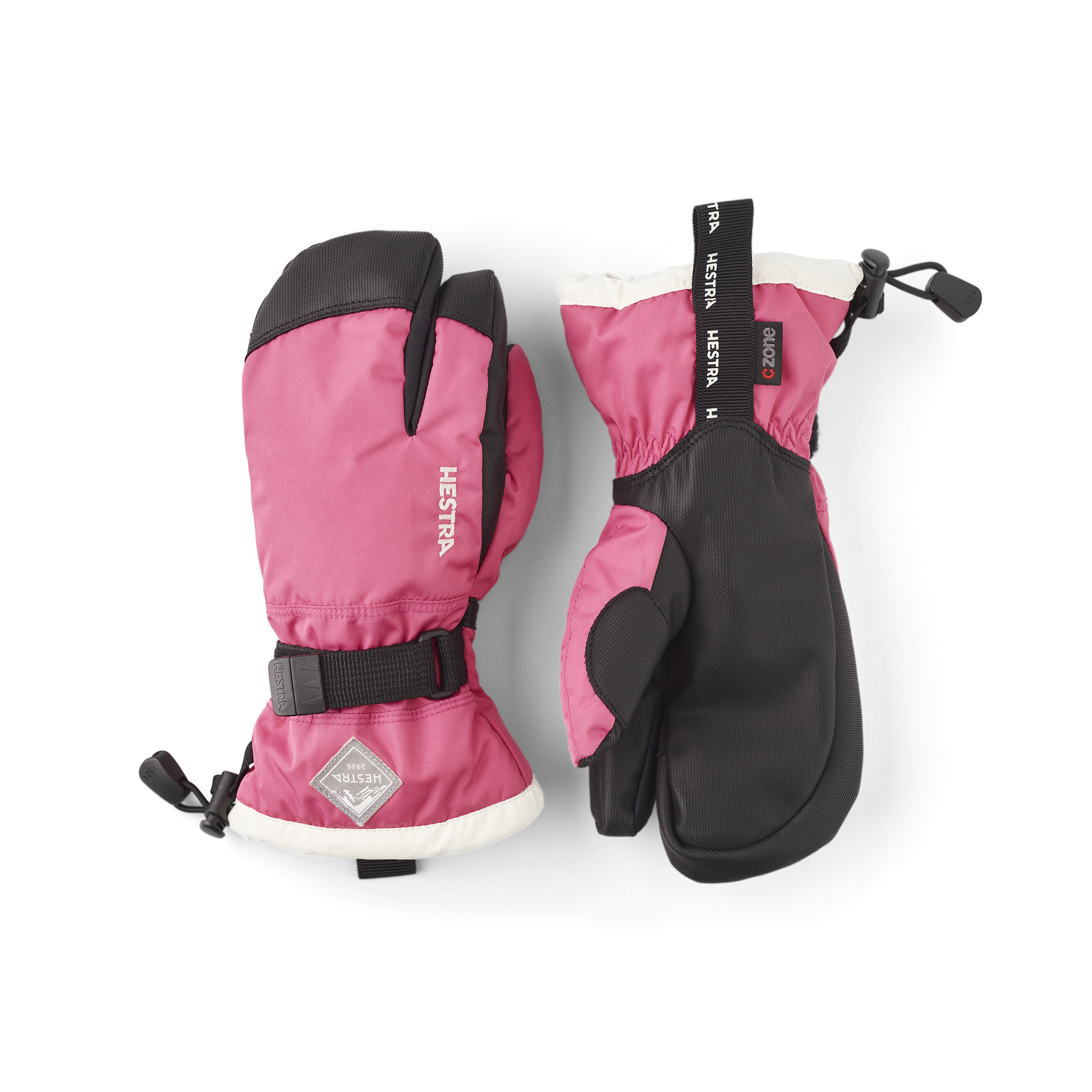 Orange-rosa Dreifingerhandschuh mit schwarzem Synthetikmaterial an der Innenhand und verstellbarem Handgelenkverschluss