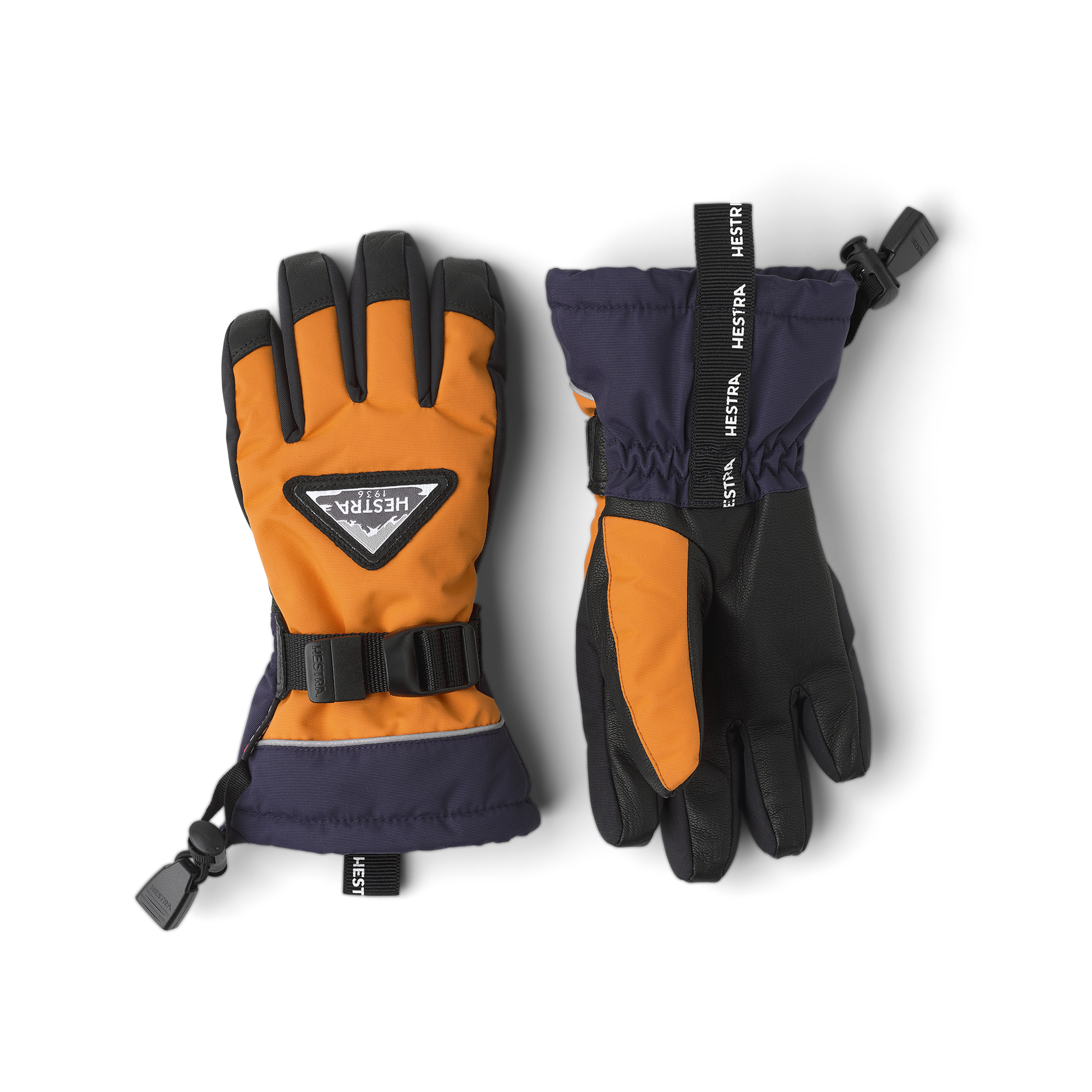 Oranger Kinderhandschuh mit schwarzem Ziegenleder an der Innenhand und verstellbarem Handgelenkverschluss