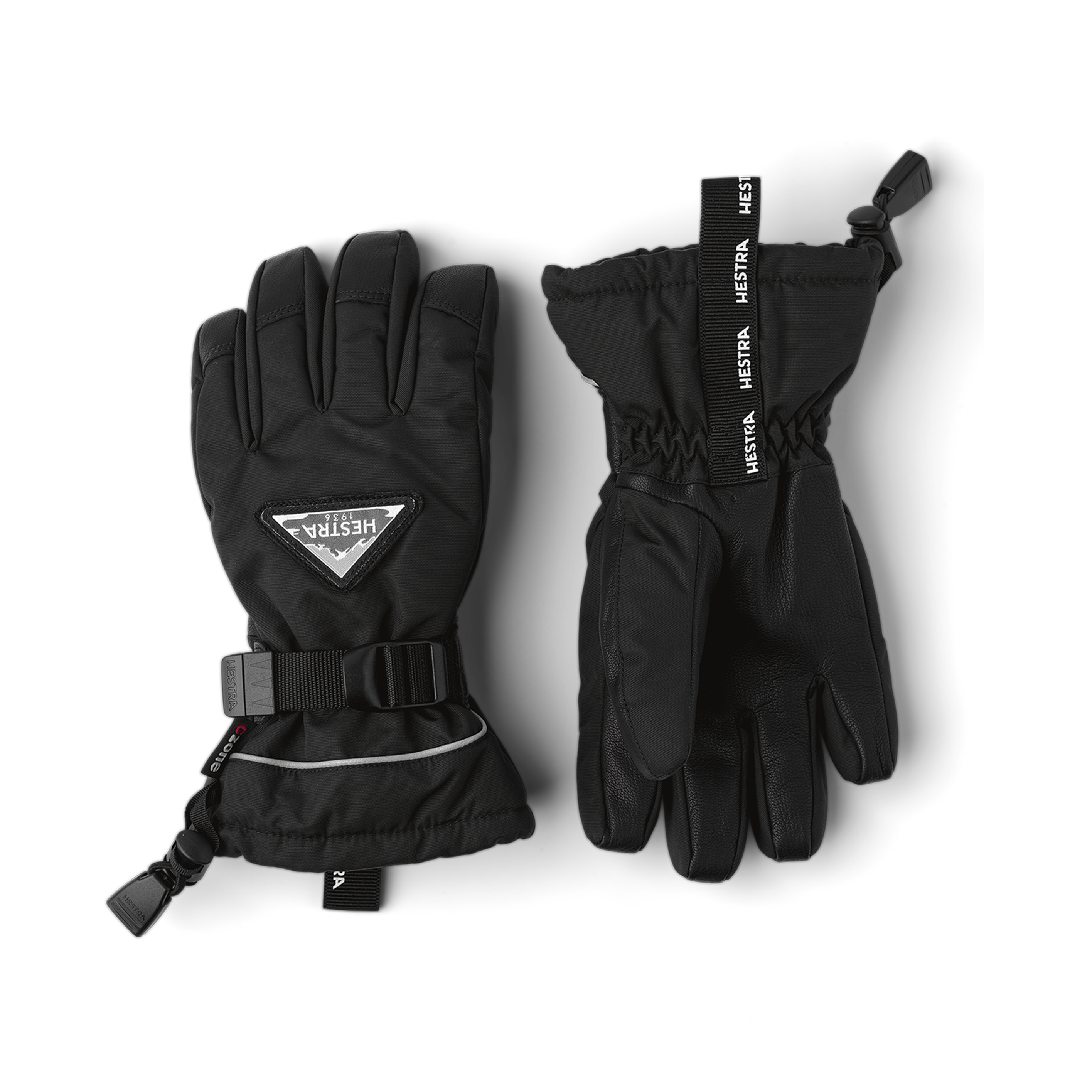 Schwarzer Kinderhandschuh mit Ziegenleder an der Innenhand und verstellbarem Handgelenkverschluss