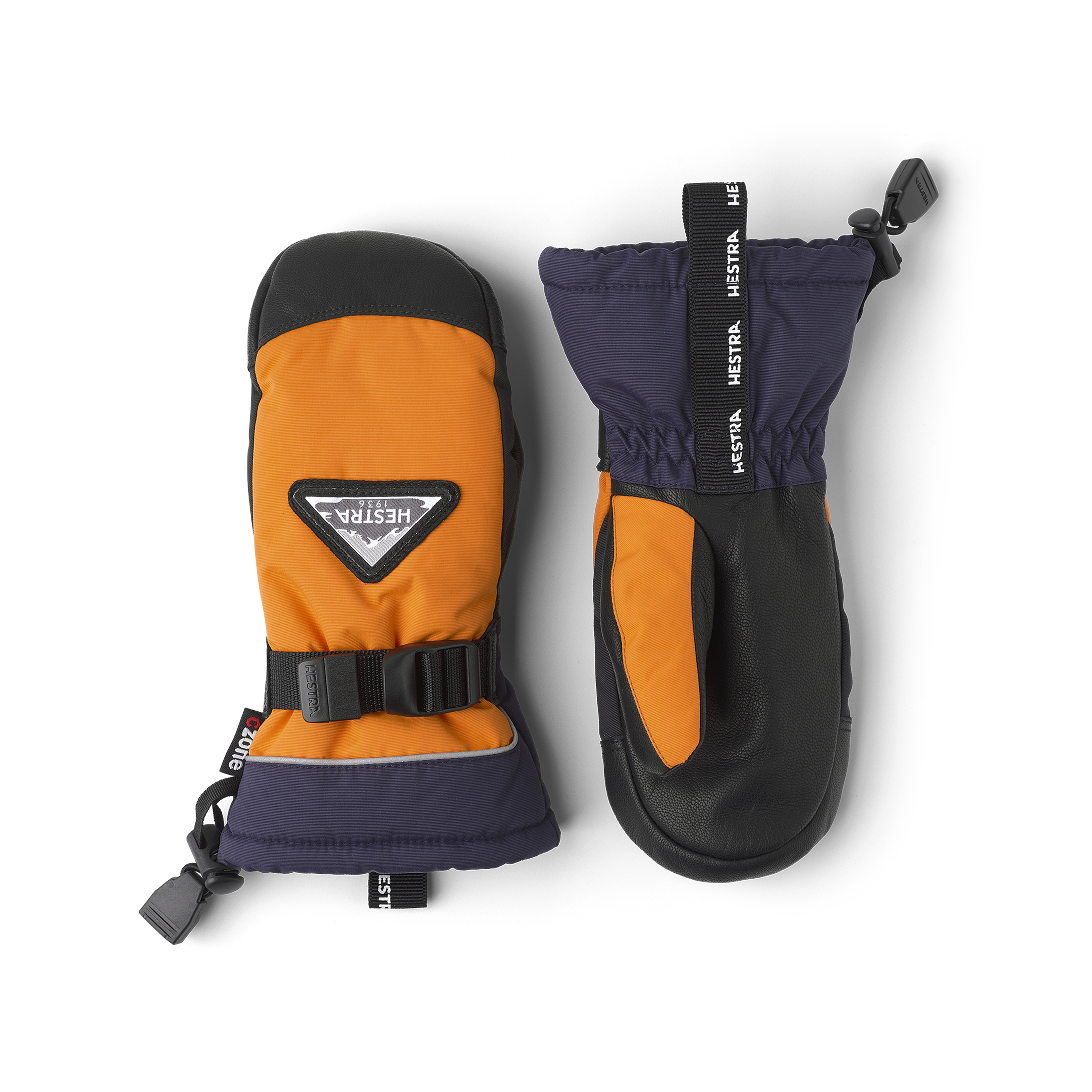 Oranger Fausthandschuh mit schwarzem Ziegenleder an der Innenhand und verstellbarem Handgelenkverschluss