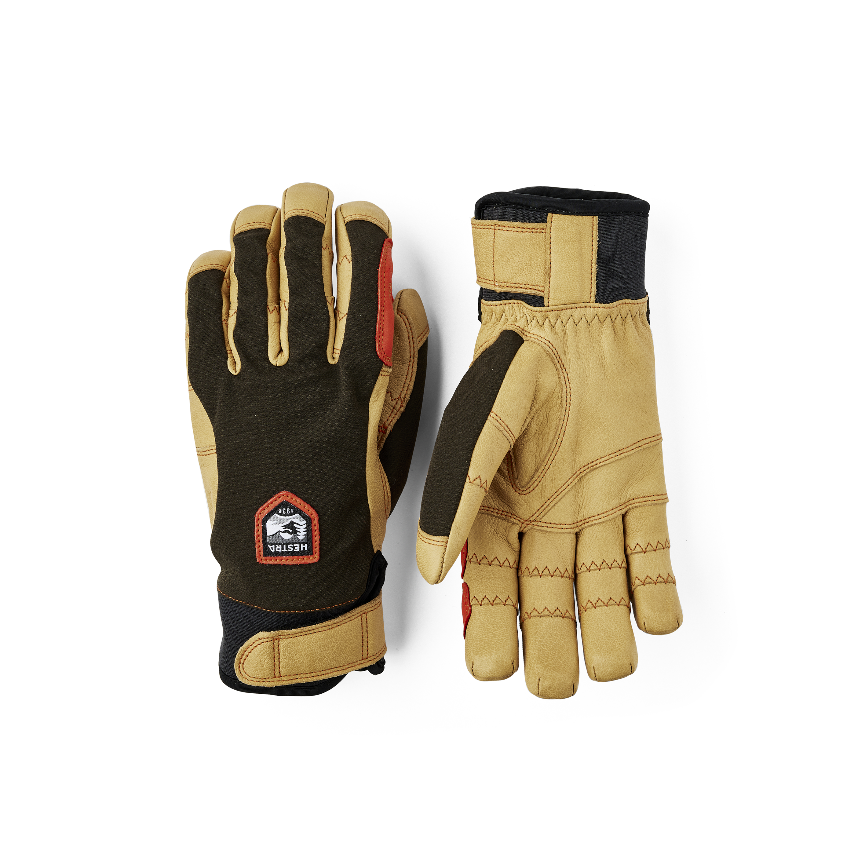 Dunkelgrüner Outdoorhandschuh mit hellbraunem Ziegenleder an der Innenhand