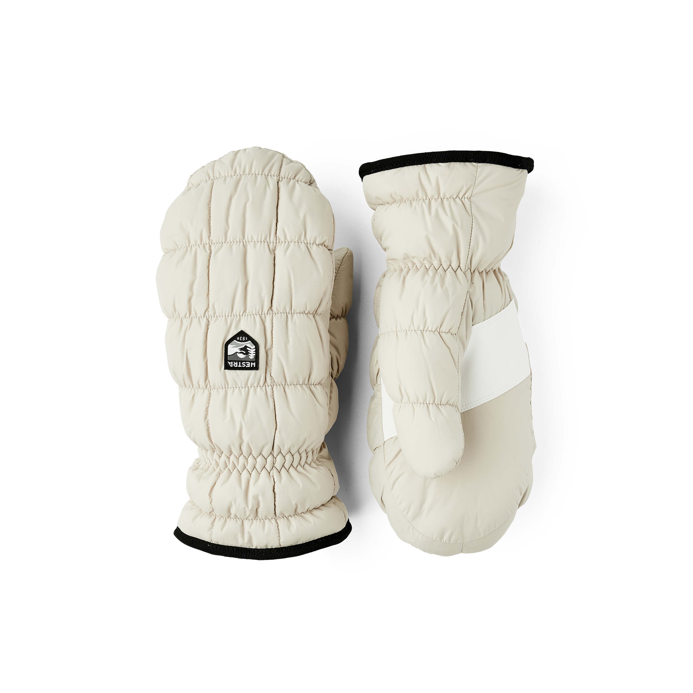 Beiger Fausthandschuh aus Stoff mit weißem synthetischem Wildleder an der Innenhand