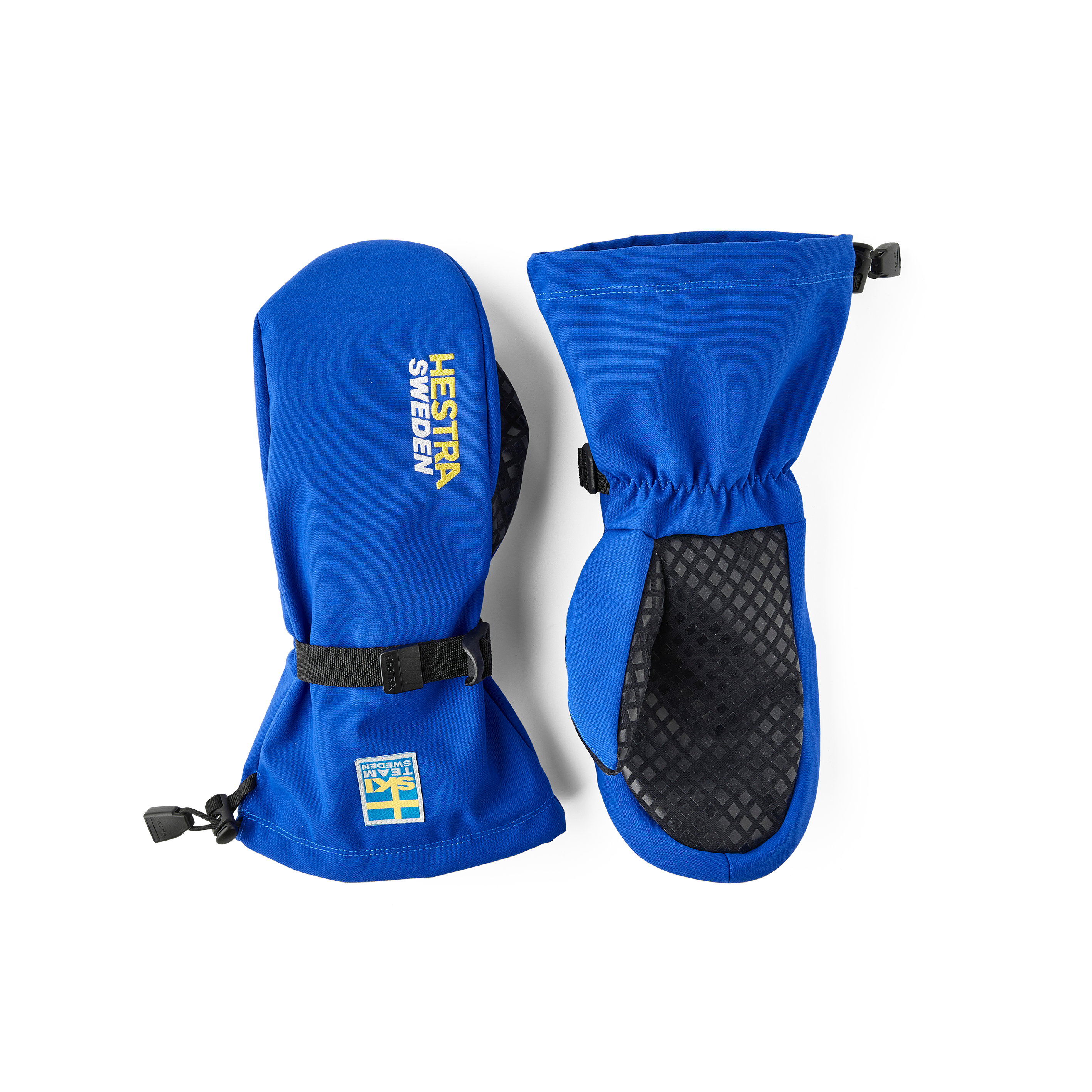 Blauer Überziehhandschuh mit schwarzer Innenhand aus Stoff und verstellbarem Handgelenkverschluss