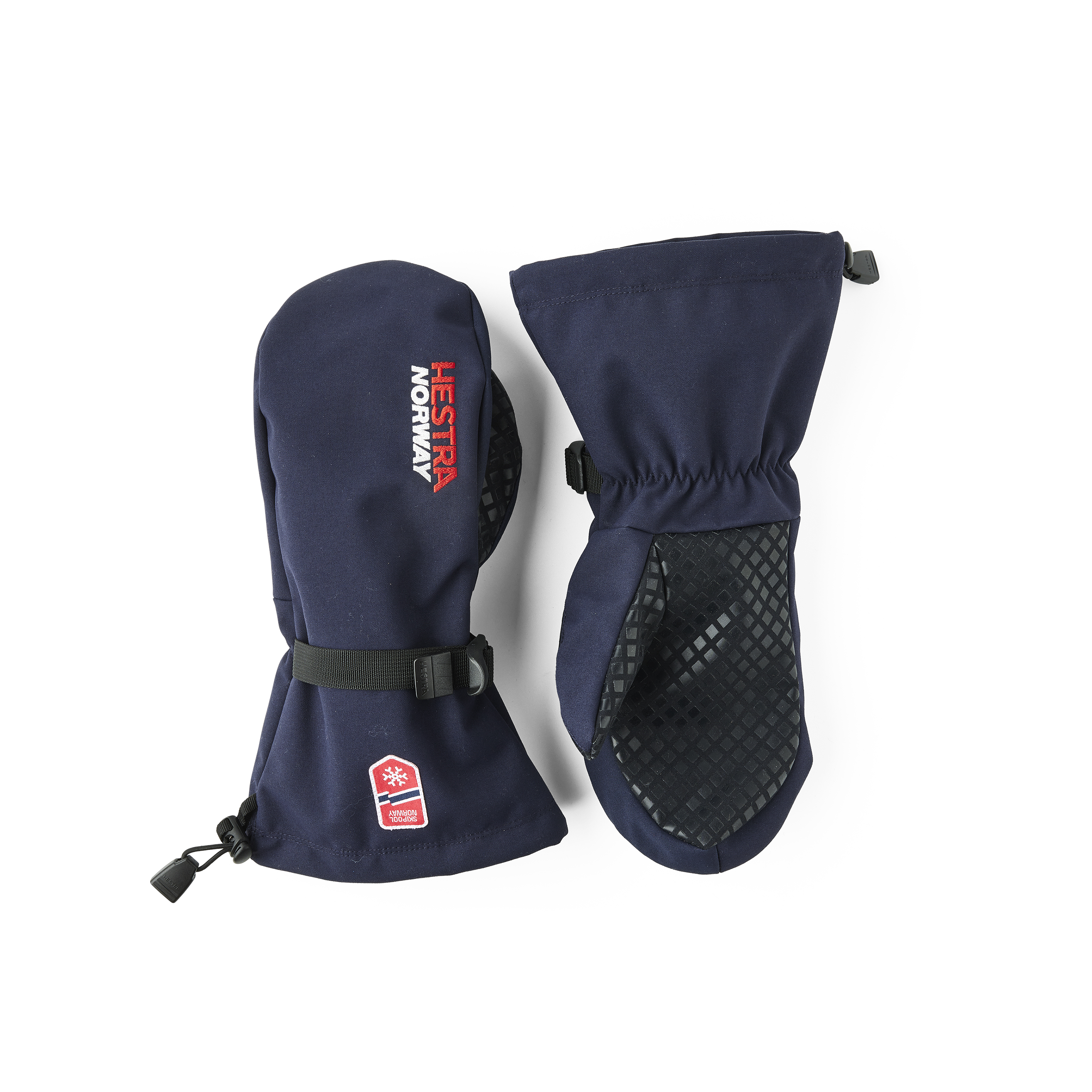 Dunkelblauer Überziehhandschuh mit schwarzer Innenhand aus Stoff und verstellbarem Handgelenkverschluss